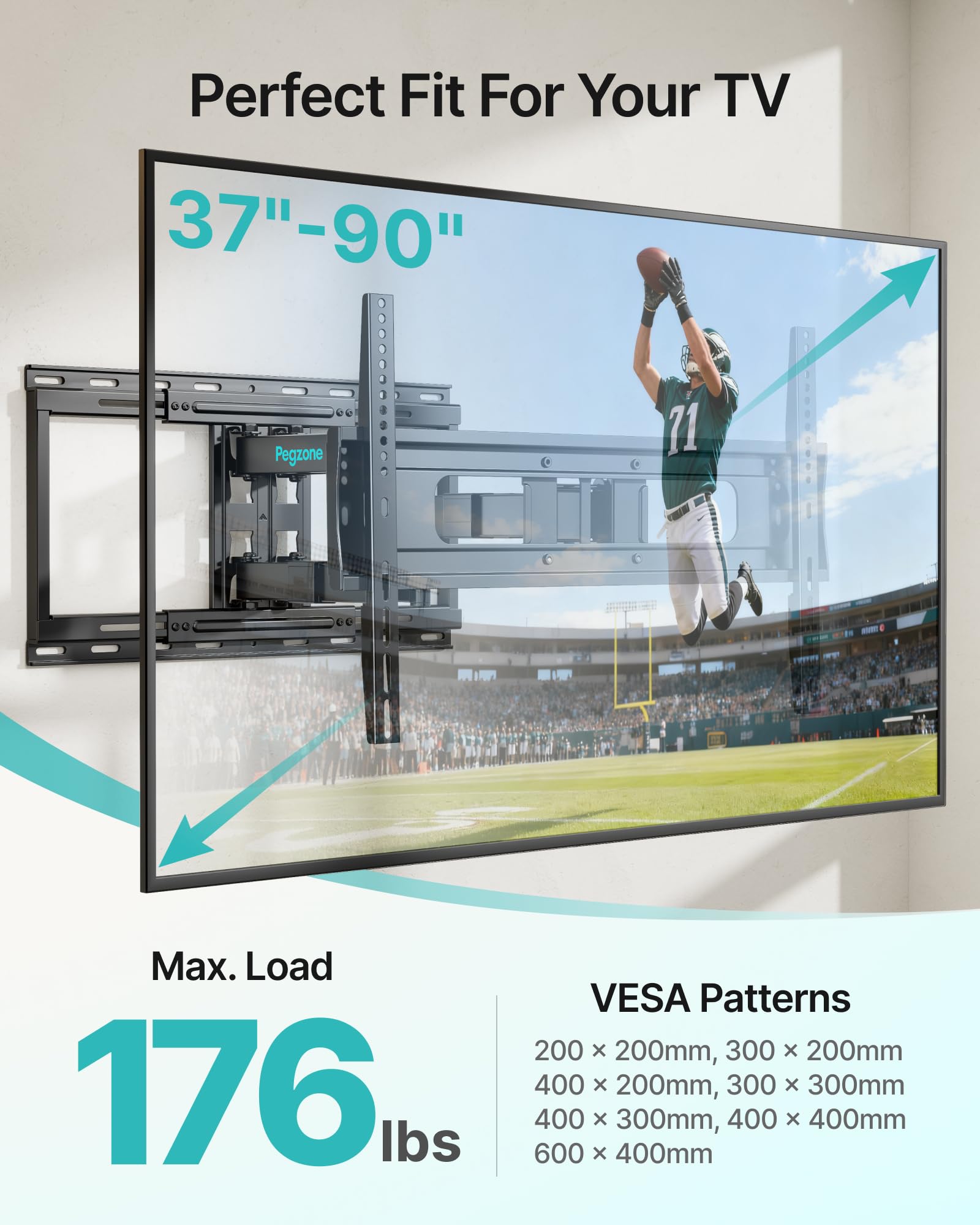 PEGZONE Soporte TV de Pared Doble Brazo 37-90", hasta 80 kg | Soporte televisión orientable e inclinable, ultrarresistente, VESA máx. 600x400, para TV LED, LCD, OLED y QLED