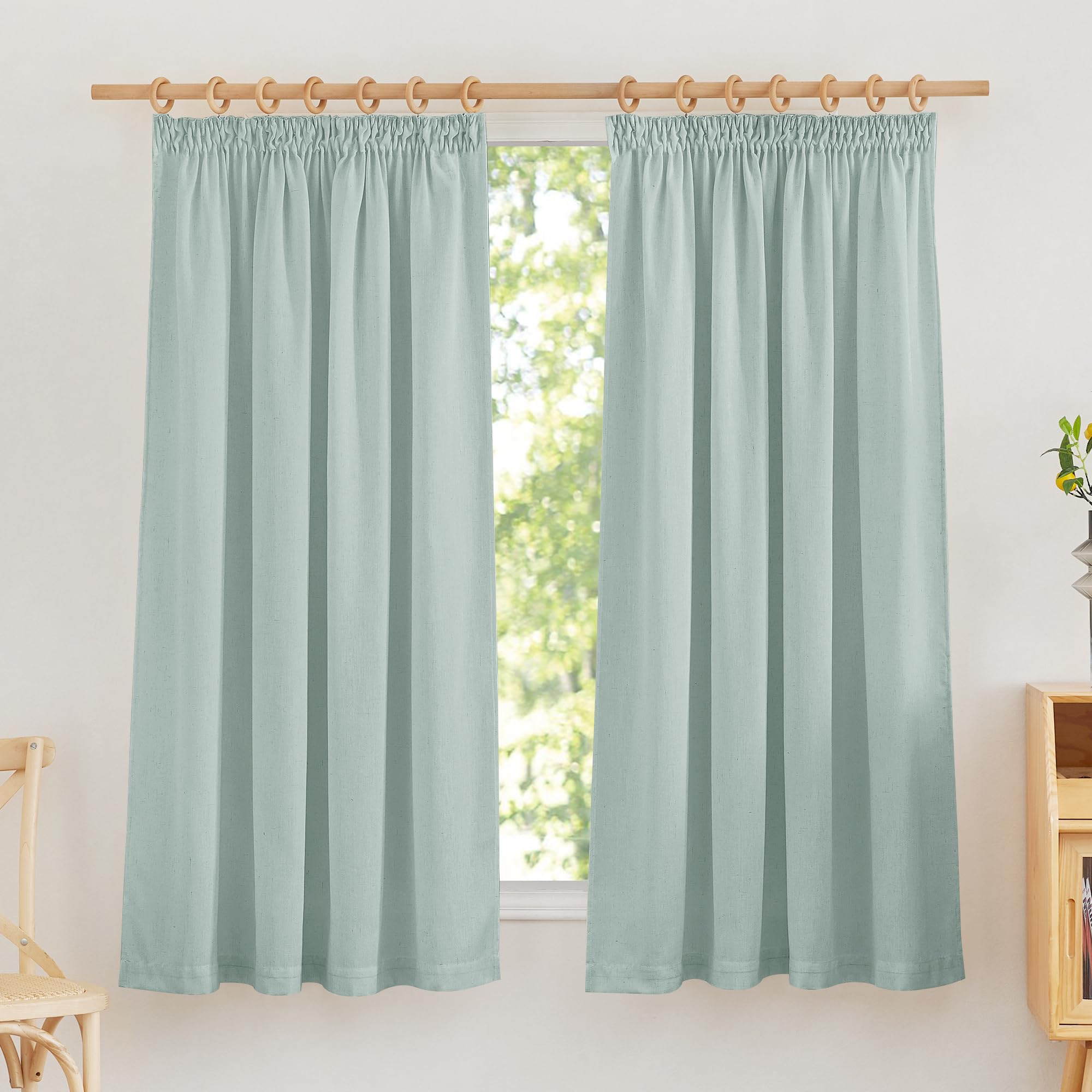 PONY DANCE Cortinas Cortas Cocina, Visillos Semi Opacas de Lino con Fruncidas 2 Piezas para Coemdor/Dormitorio/Puerta,140x160cm,Verde Salvia Global Recycled Standard OEKO-TEX STANDARD 100 Global Recycled Standard Global Recycled Standard