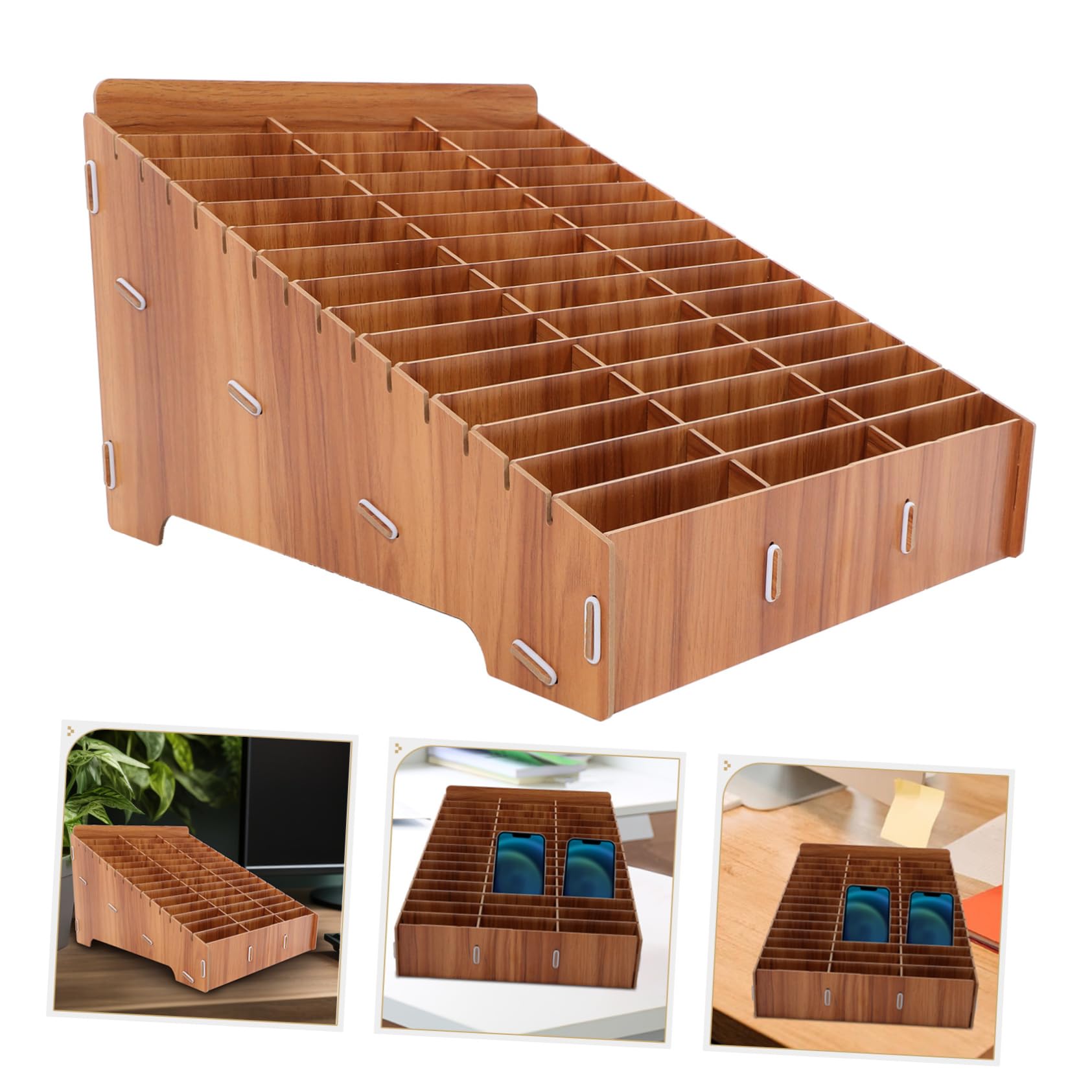 SHINEOFI Caja De Almacenamiento De Madera Soporte Teléfono Organizador De Escritorio Múltiples Compartimentos