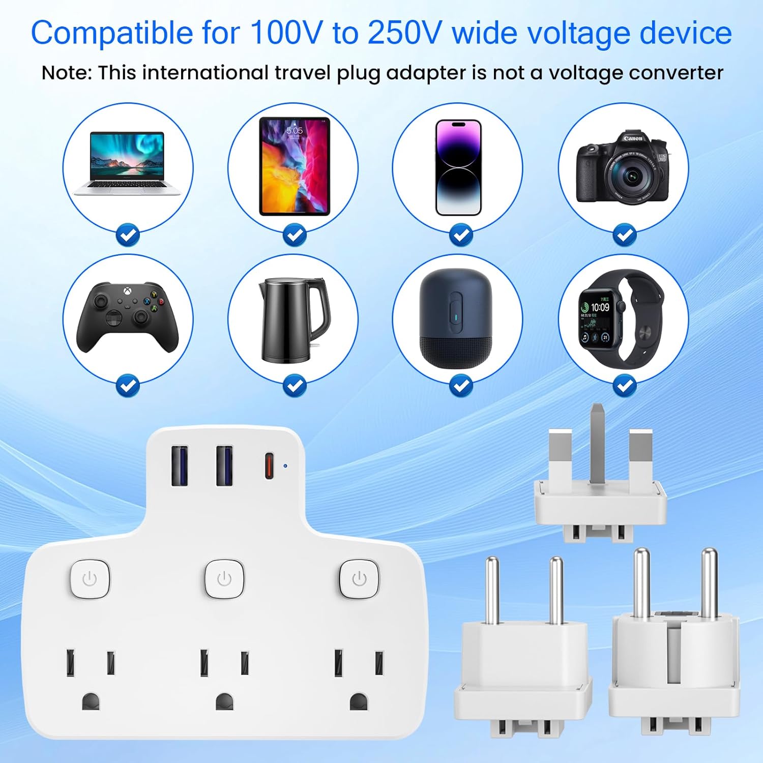 European Travel Plug Adapter USB C, International Universal Power Adapter with Type A/C/G/E/F Plug Removable,6 Outlets 3 Switches,US to Europe Spain France Greece UK Portugal, White