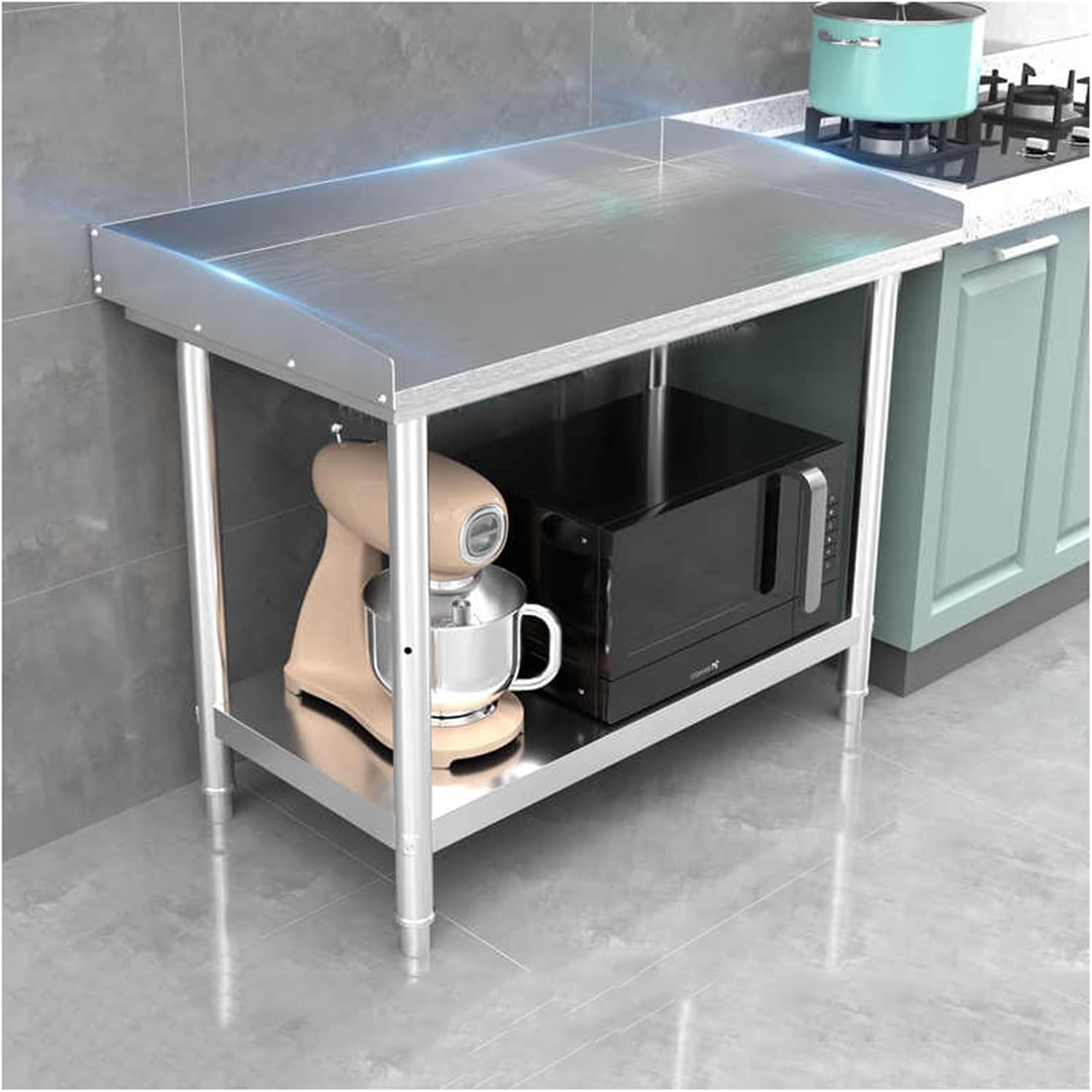 Stainless Steel Work Table with Guardrail 2 Tier Kitchen Industrial Storage Rack Prep Table Adjustable Tiers Easy to Clean Adjustable Feet Workbench(80x50x80cm/31.5x19.7x31.5)