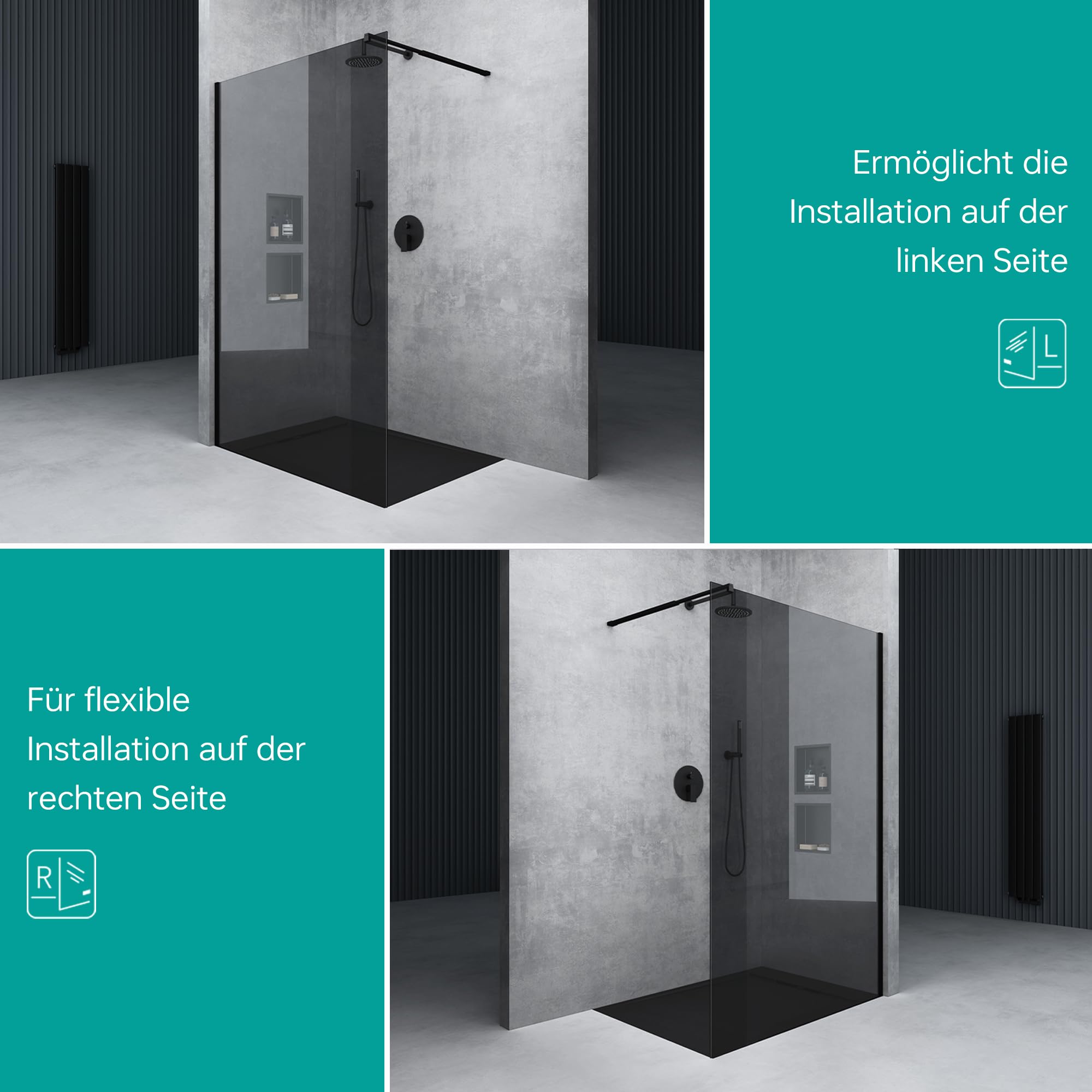 Mai & Mai Duschwand für Dusche Duschabtrennung 140x200cm Walk-In Dusche | Duschtrennwand Schwarz 10mm ESG-Sicherheitsglas NANO Glas Dunkelgrau BRAM3 Bremen02VG