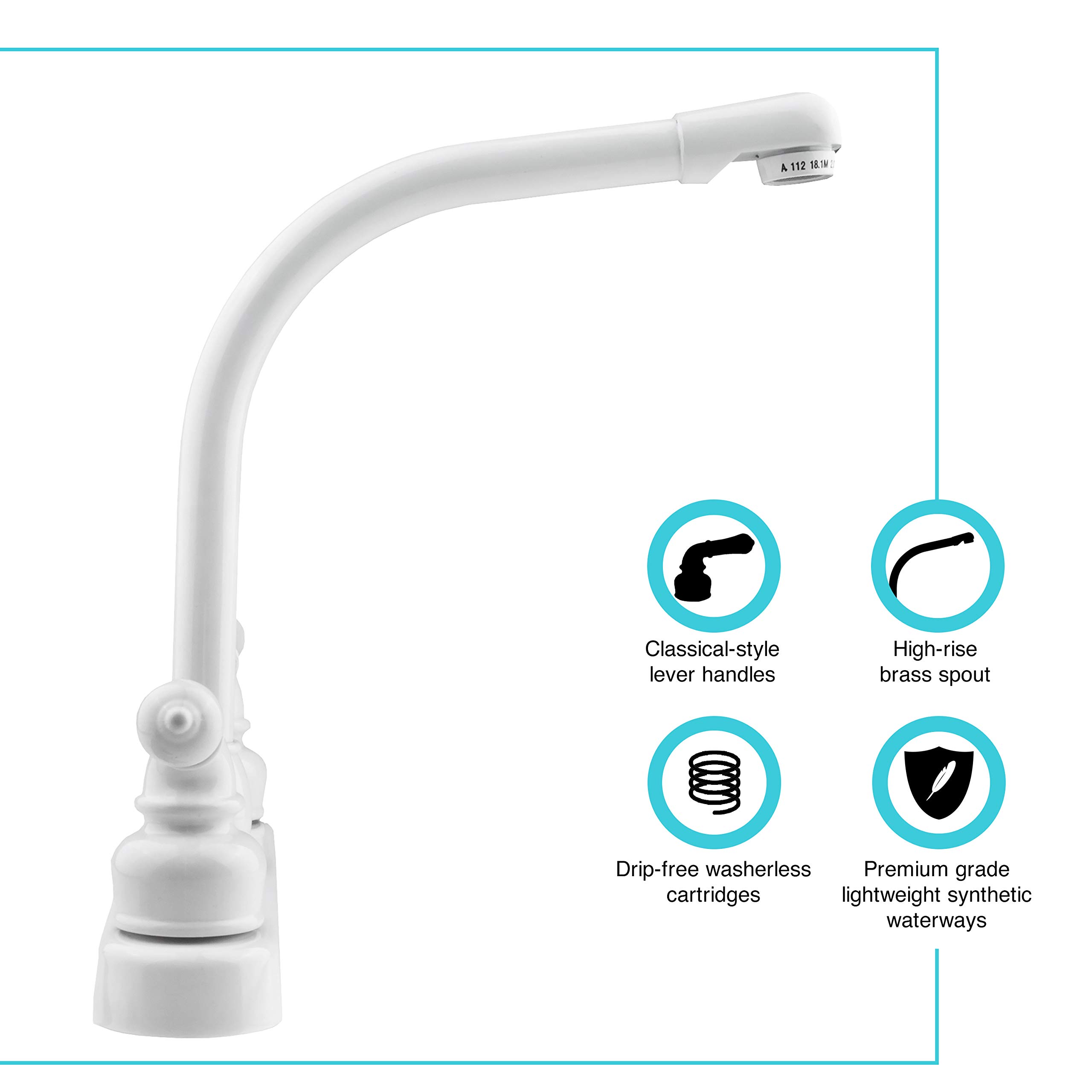 Dura Faucet - Grifo de cocina para RV - Elevación alta - Palancas clásicas - Vehículos recreativos, autocaravana, quinta rueda, llave de repuesto para remolque de viaje (blanco)