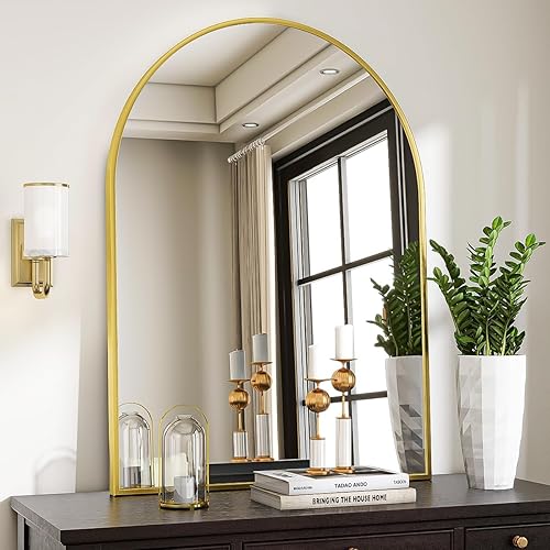 VooBang Arched Wall Mirror, 30 x 38 inch Arch Bathroom Mirror, Wall Mounted Vanity Mirror with Arch Metal Frame, Modern Bathroom Vanity Mirror for Bedroom, Living Room, Hanging or Leaning, Gold - Gold - 38"L x 30"W