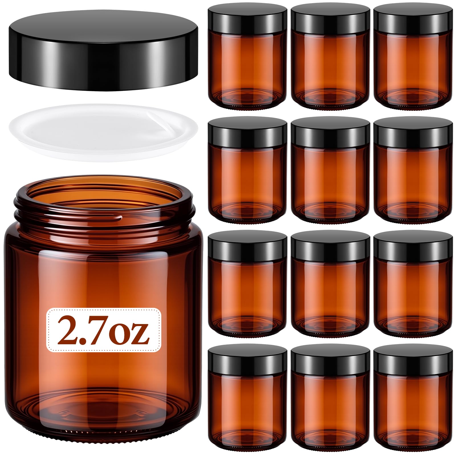 Norme 12 Pcs 2.7 oz Glass Jars with Lids Cosmetic Jars, Black, Amber