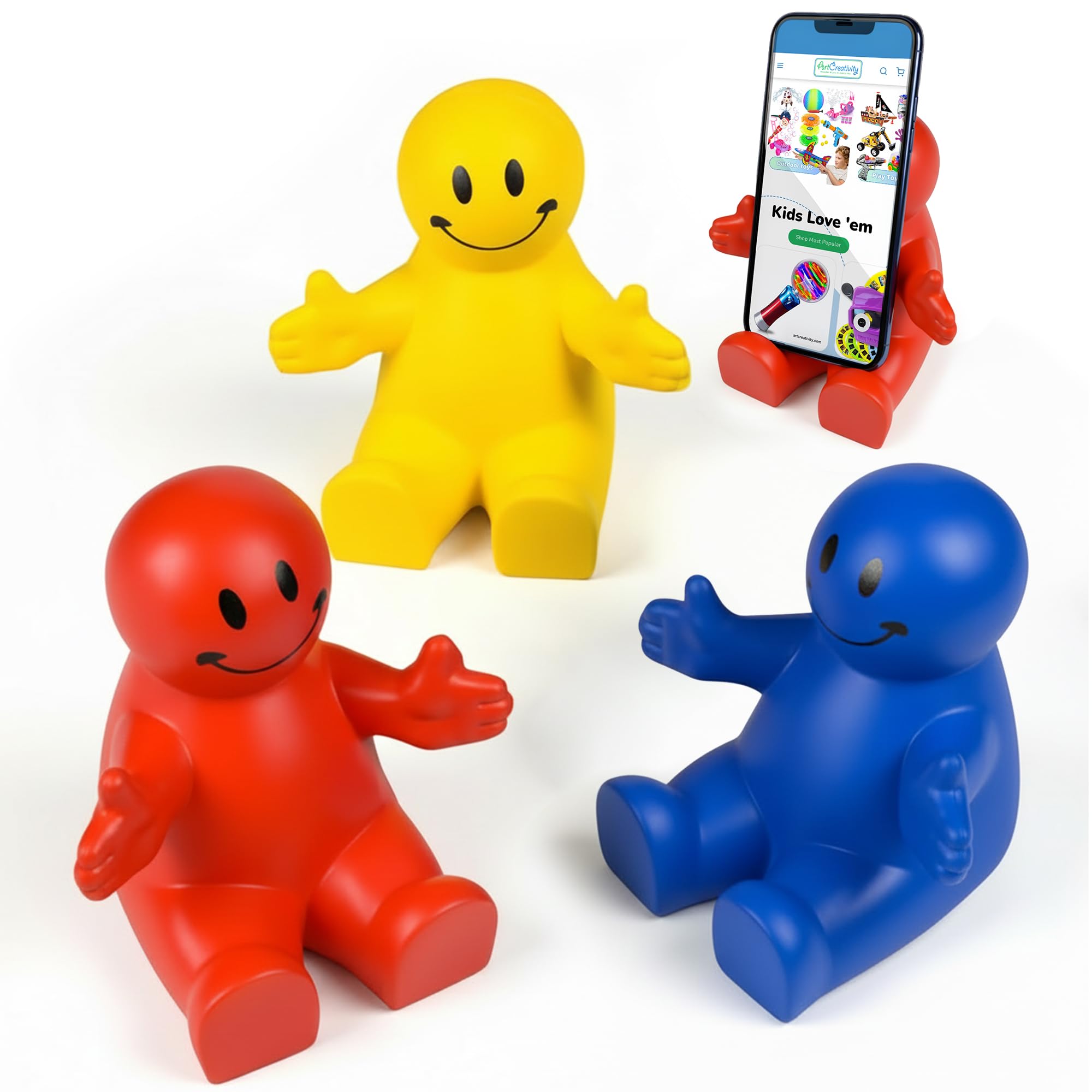 ArtCreativity 4 Inch Squeezable Cute Smile Phone Holder Pack of 3, Smartphone Stand, Squeeze Stress Relief Toy for Kids & Adults, Cell Phone Holder
