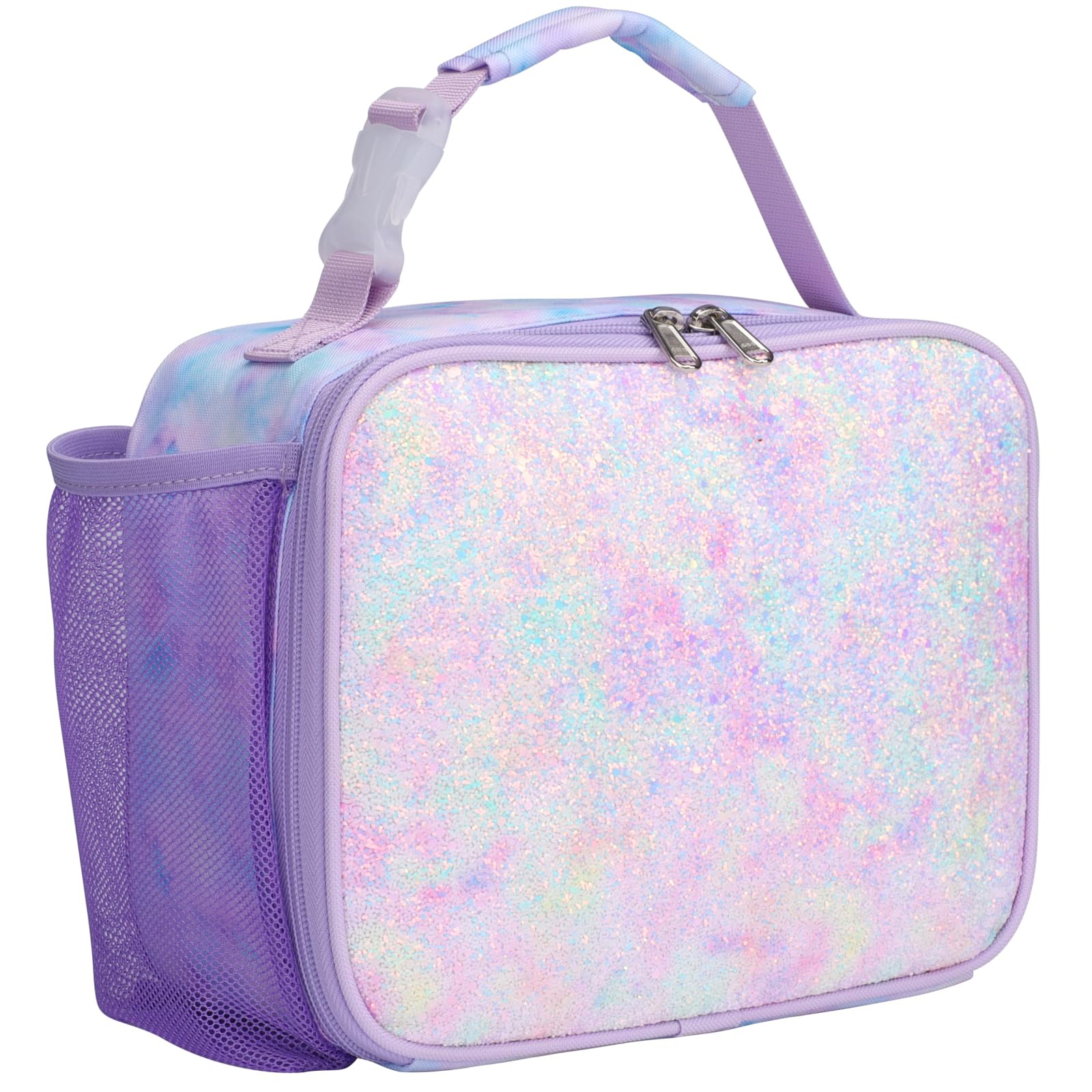 Bagseri Lunch Bag for Girls - Insulated Kids Lunch Bag with Water Bottle Holder Toddler Lunch Box Kids Lunch Cooler Tote for School Picnic, Glitter Purple Tie-dye (Water Bottle Not Included)