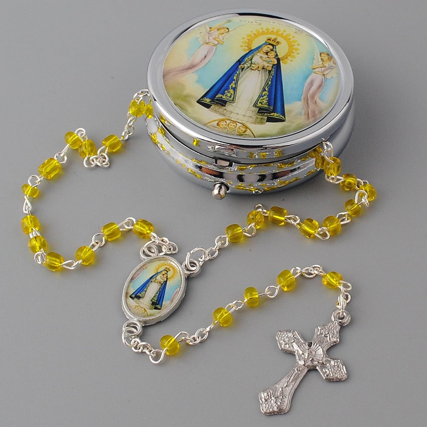 Catholic Town Rosary Necklace with Our Lady of Charity "Virgen de la Caridad del Cobre" center piece, Cross Crucifix and metallic box (Available in Red, White and Yellow colors) - Image 3