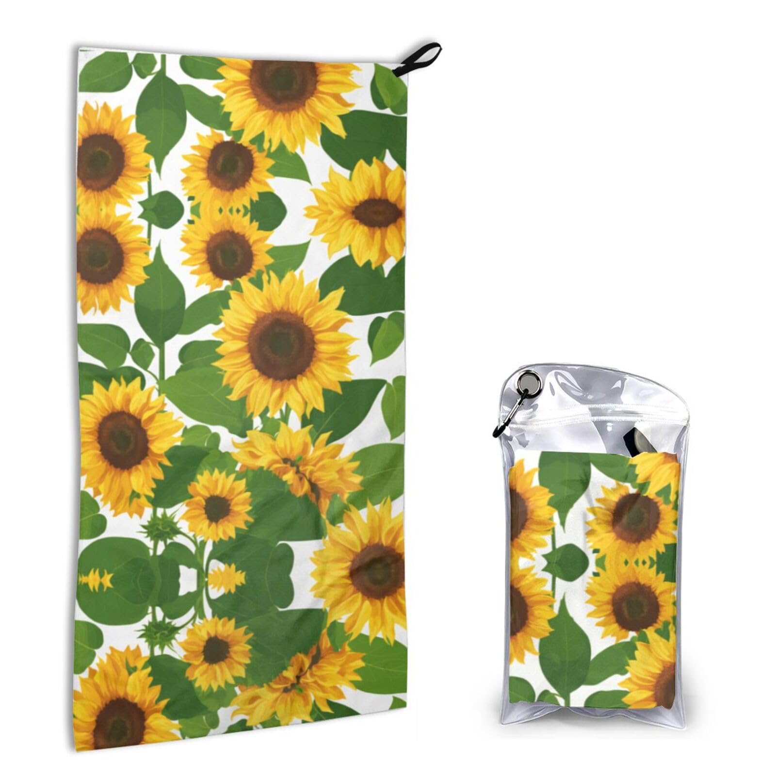 Sunflower Print Quick Dry Microfiber Towel 16x31.5 Inches, Super Absorbent Lightweight Compact Travel Towel With Carabiner & Carry Bag For Outdoor, Beach, Gym, Camping
