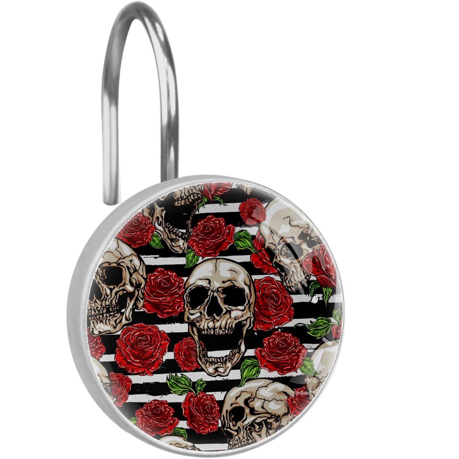 Crochets rideau de douche tête de mort et rose en acier inoxydable - Lot de 12 pièces