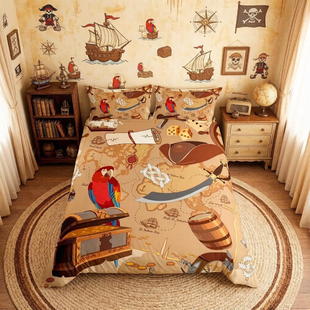 Homemissing Decor Bedding Set for Girls Boys Children Sailboat Rudder Printed Bedding Ocean Theme Pirate Duvet Cover Retro Sea Adventure Bedspread Cover Single Size Bedding Collection
