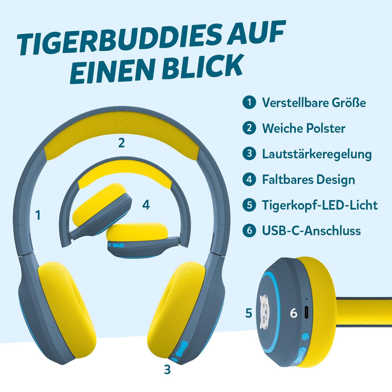 tigermedia tigerbuddies Bluetooth Kopfhörer Kinder | Faltbare Kinder Kopfhörer ab 4 Jahren | Mit Lautstärkebegrenzung 85 dB | Bequemer Sitz & klarer Stereo-Klang | Kinderkopfhörer mit Kabel