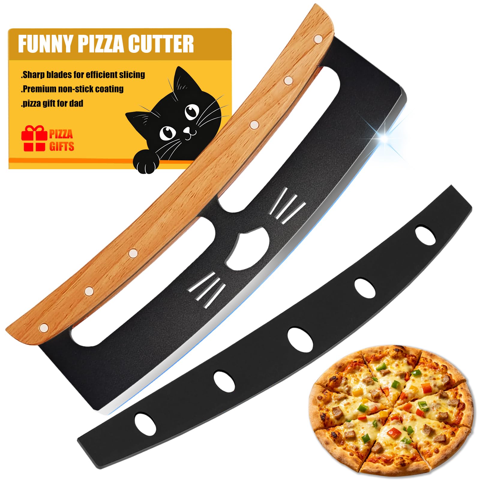14-Inch Pizza Cutter Rocker, Sharp Stainless Steel Blade, Pizza Rocker Blade Slicer with Non-Stick Coating, Ergonomic Wooden Handle, Funny Pizza Cutter，Fun Pizza Oven Accessories Gifts for Men Dad