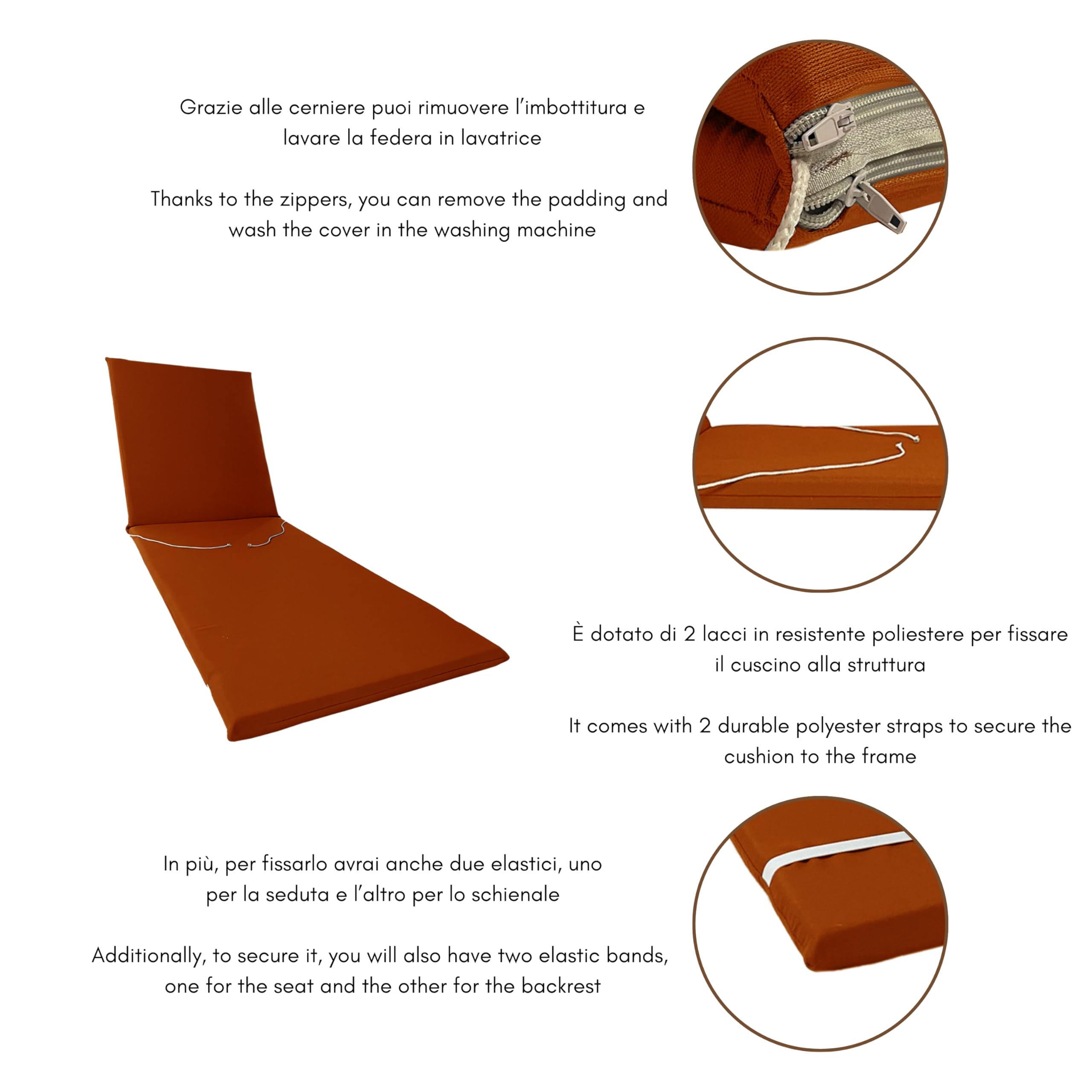 Il Tuo Artigiano Design Cuscino per Lettino Prendisole Pieghevole in Cotone - Semi-idrorepellente e Anti-macchia - Materassino artigianale made in Italy (Ruggine)