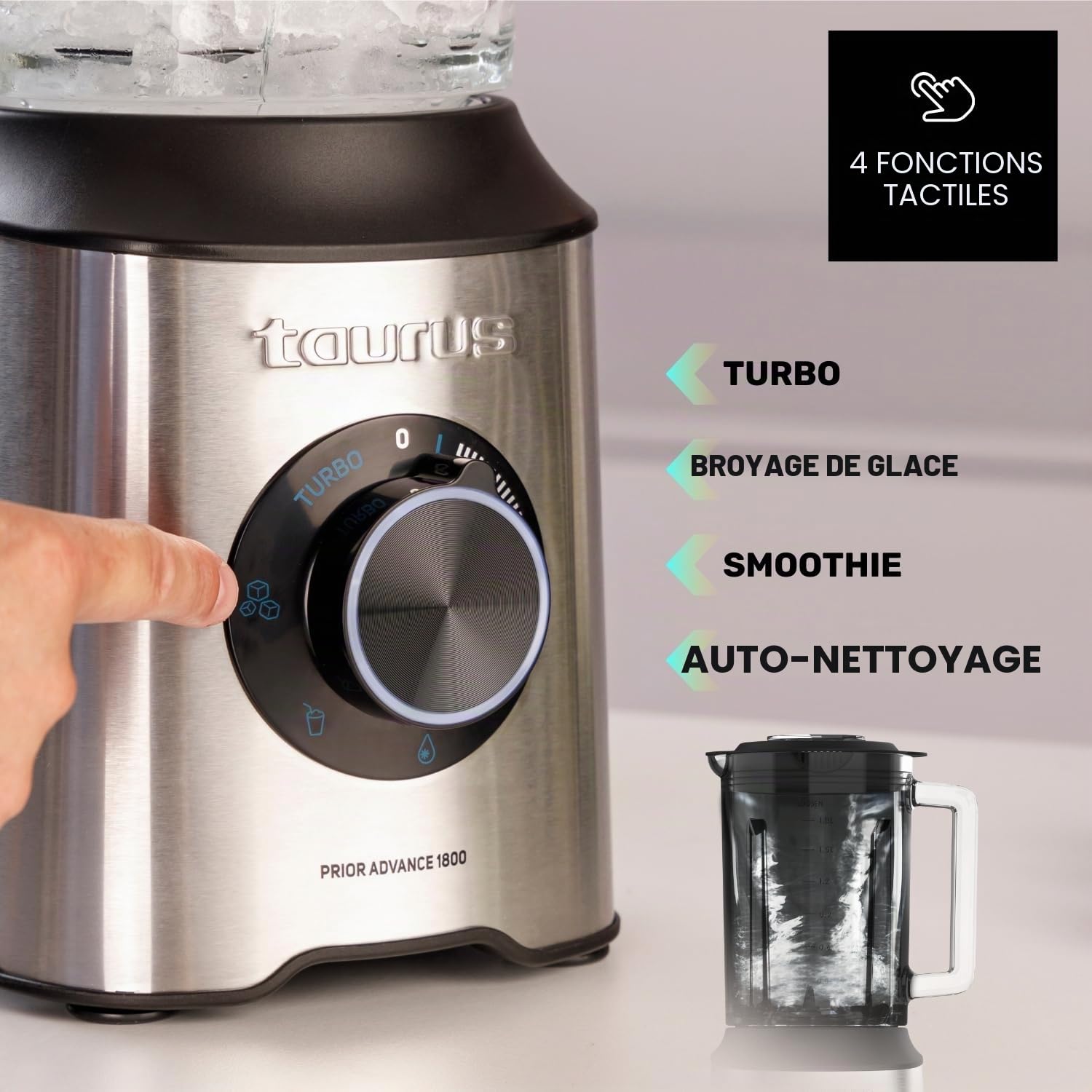 Taurus - Blender Prior Advance 1800W | Bol verre 2L | 4 fonctions tactiles | Couteaux inox 6 lames | Broie glace | Vitesse variable | Lavable lave-vaisselle, Noir, Metallique