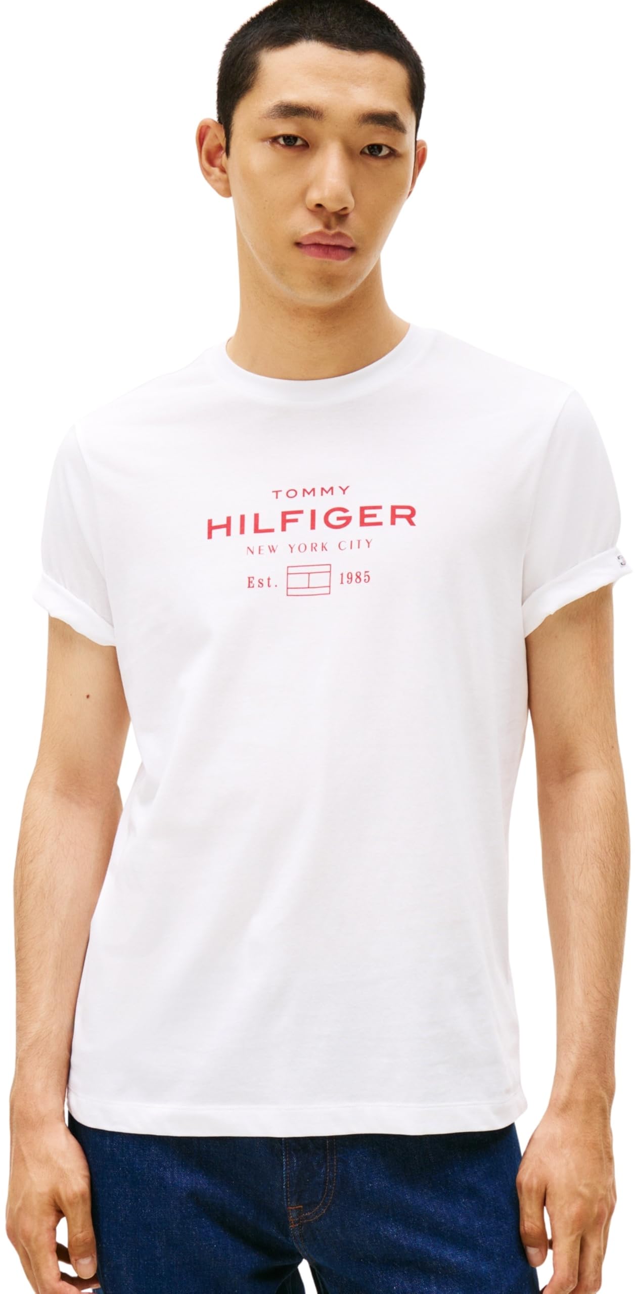 Tommy Hilfiger Men’s Short Sleeve Round Neck Stack Graphic T-Shirt, White (White), M