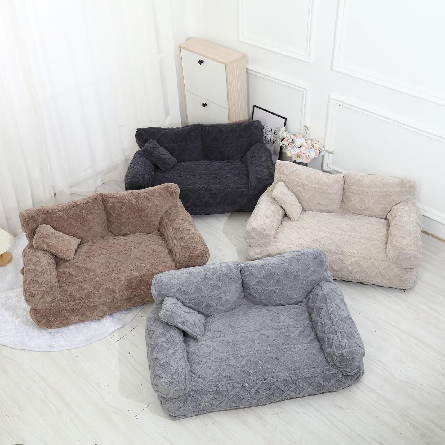 Plush Calming Pet Sofa Bed, Fluffy Anti-Anxiety Dog Couch Bed with Orthopedic Raised Rim for Dogs & Cats, Removable Washable Cover & Non-slip Bottom, Soft Puppy Bed for Indoor Sleeping (Gray*L)