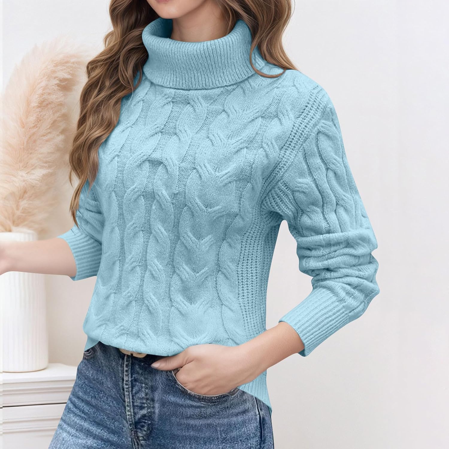 Women's Turtleneck Sweater Fall Winter Long Sleeve Chunky Knitted Trendy Pullover Tops Solid Color Fashion Shirts