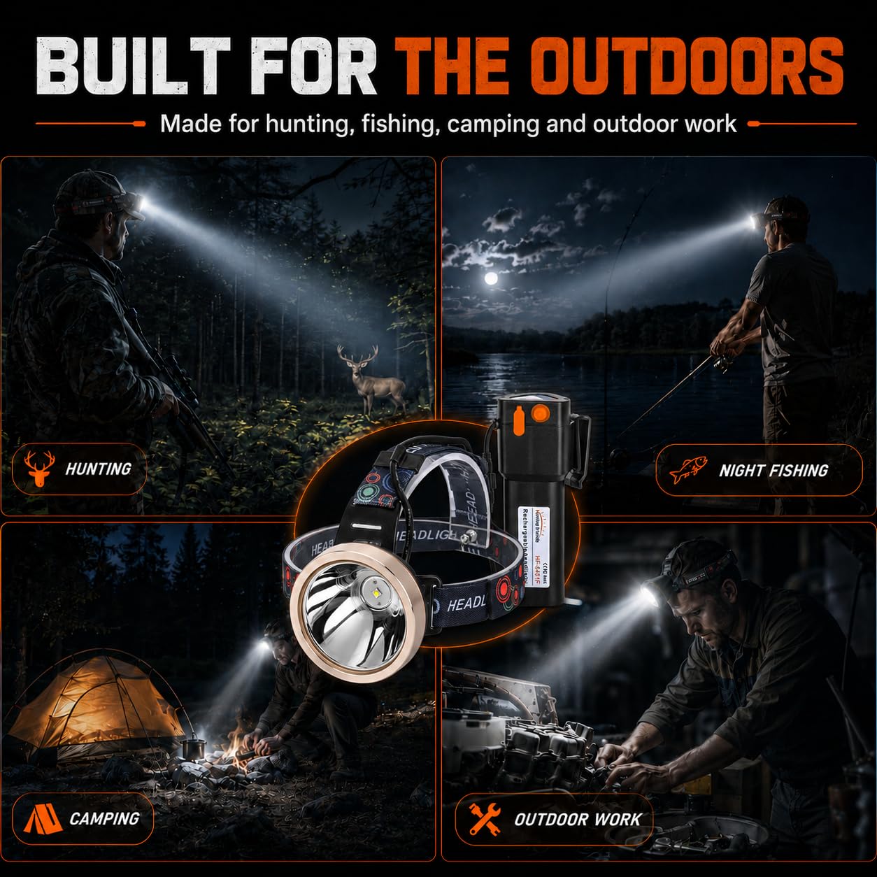 Hochleistungs-LED-Stirnlampe, wiederaufladbar, wasserfest, für Jagd, Angeln, Camping, Weißes Licht
