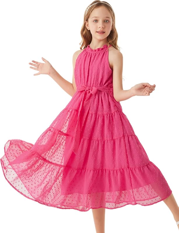 GRACE KARIN Niñas Halter Vestido De Cuello Sin Mangas Casual A-Line Vestido De Verano Fluido Durante 5-14 Años