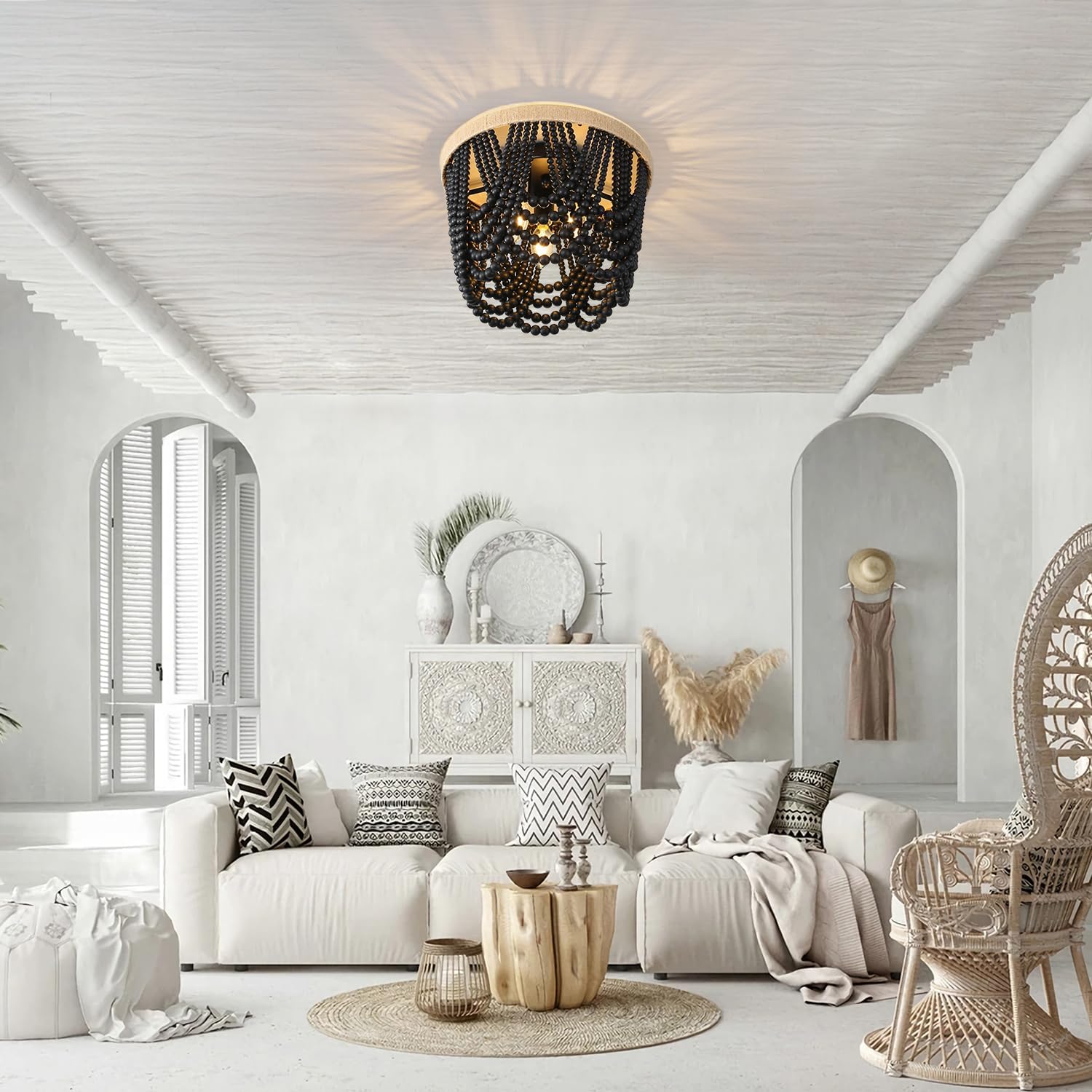 Bohemian Lighting Bohemian Chandelier Handmade Beaded Chandelier Vintage Hemp Rope Woven Ceiling Lighting 3 Lights Wood Bead Chandelier Nursery Lighting Bedroom Ceiling Light (Black)