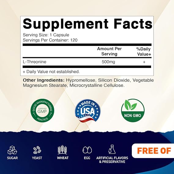Vitamatic L-Threonine 500mg 120 Vegetable Capsules Promotes Healthy Liver, Cardiovascular & Structural Function