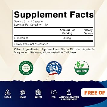 Vitamatic L-Threonine 500mg 120 Vegetable Capsules Promotes Healthy Liver, Cardiovascular & Structural Function