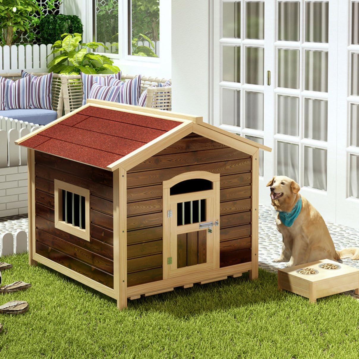 Amazon | [JUI3N] 北欧 犬小屋 屋外用 大型犬 木製 ドア付きの大型屋外 