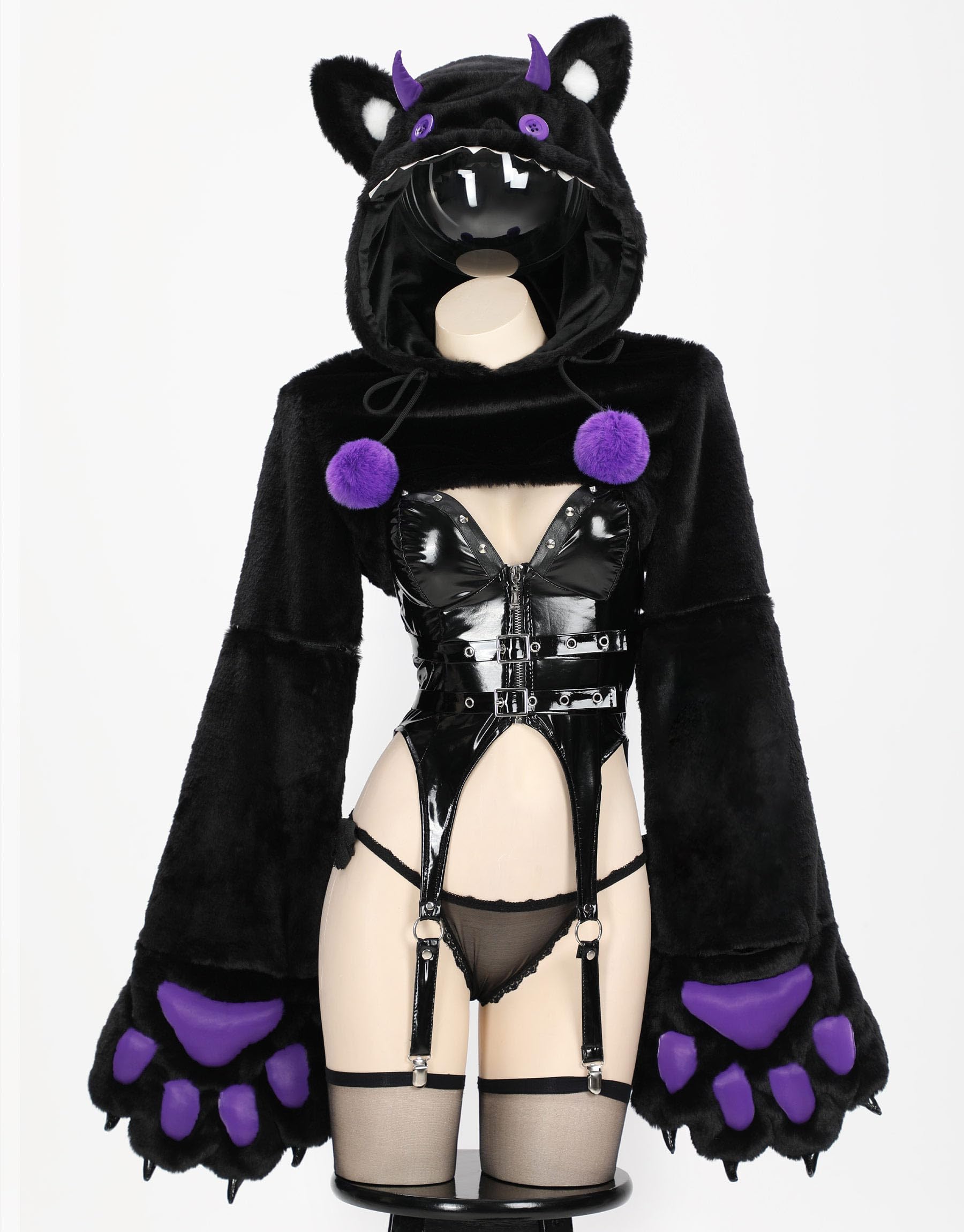 MEOWCOS Paw Hoodie Top Set Gothic PU Leather Corset Top and Mini Skirt with Thigh High Stocking