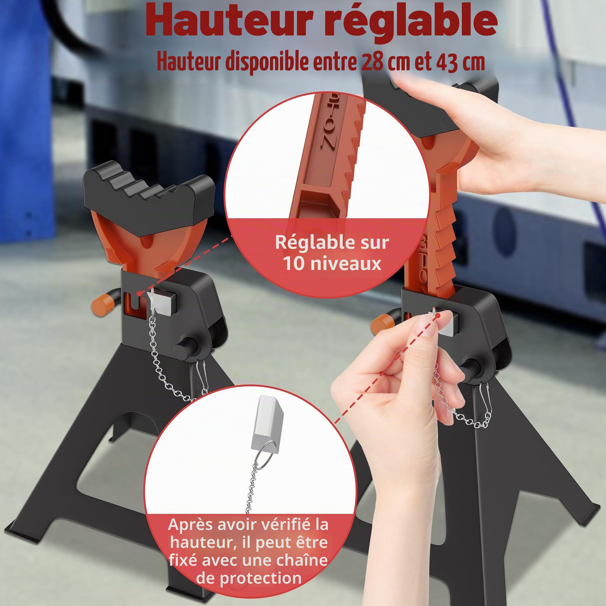 LZQ Lot de 4 chandelles d'essieu réglables en hauteur 3T avec goupille de sécurité et patins en caoutchouc - Support pour voitures, camions et camping-cars - Pour atelier et réparation