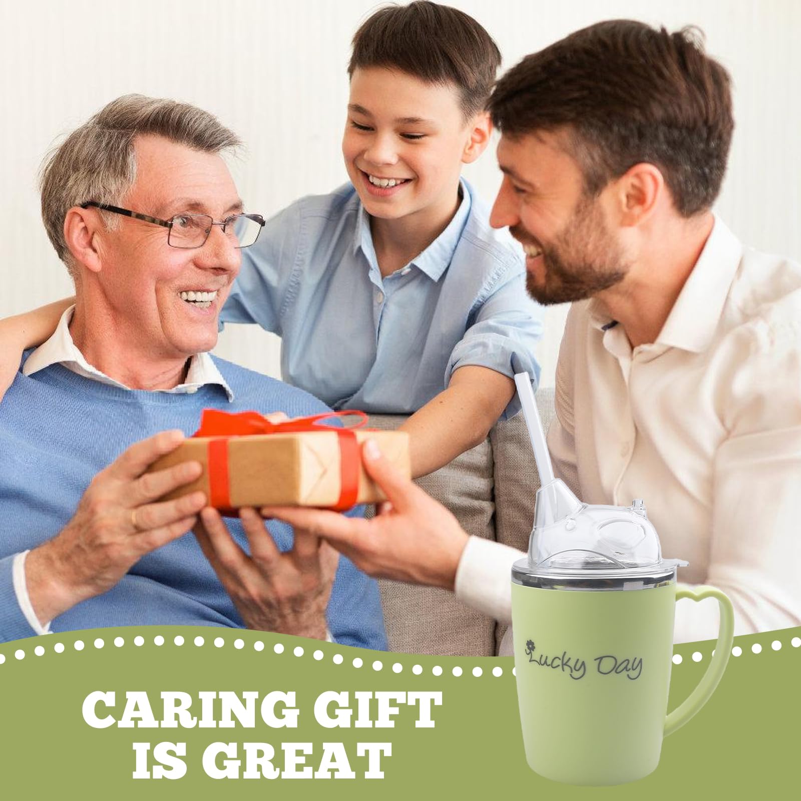 Taza con pico para personas mayores: vaso de 350 ml para personas mayores, 3 en 1 a prueba de fugas con paja de 30 cm, vaso de acero inoxidable con asa para pacientes, ancianos y mujeres