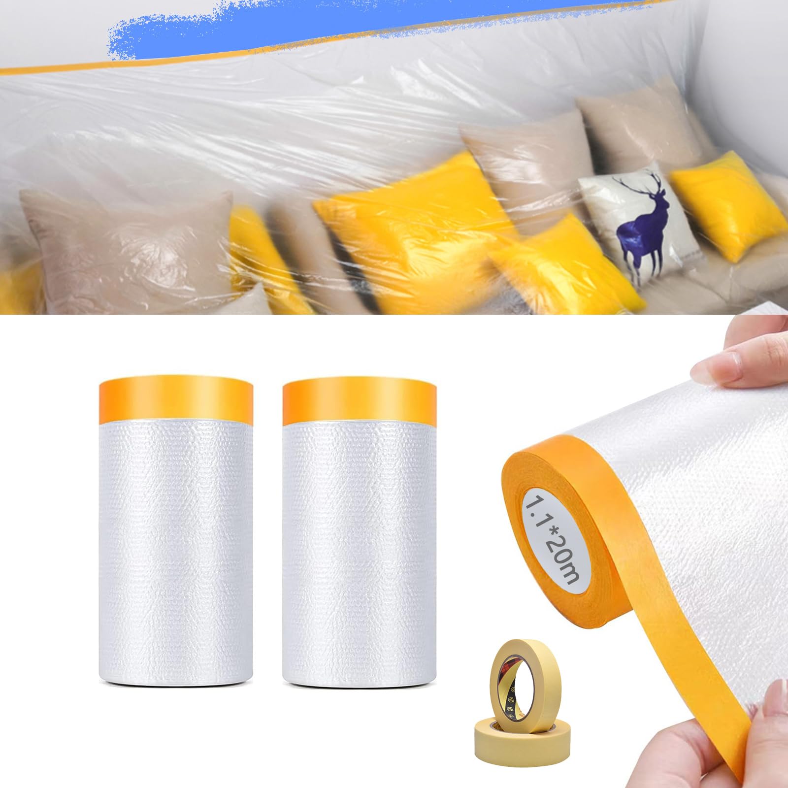 2 Roll Tape and Drape, Pre-Taped Masking Film Painters Plastic Sheeting Roll,Waterproof Dust-Proof Protective Masking Film,Prevent Dust Paint Cover for Car,Furniture,Carpet,Floor,Bed (1.1 * 20M)