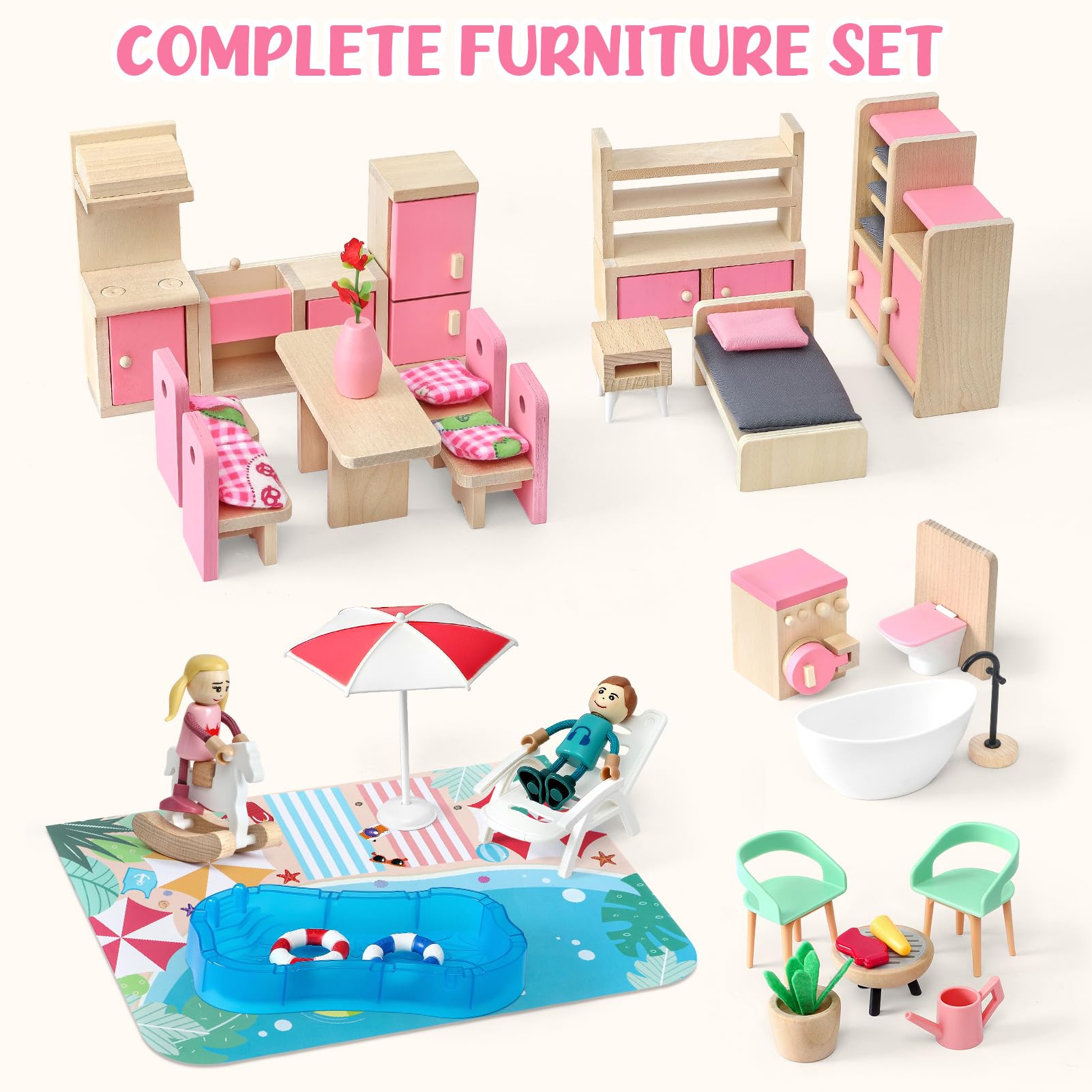 Atoylink Casa Delle Bambole in Legno con Set Completo di Mobili e 2 Bambole, Casa Bambole a 2 Piani con Camera da Letto, Bagno, Sala da Pranzo, Piscina, Giocattoli di Legno per Bambini 3 4 5 6 Anni