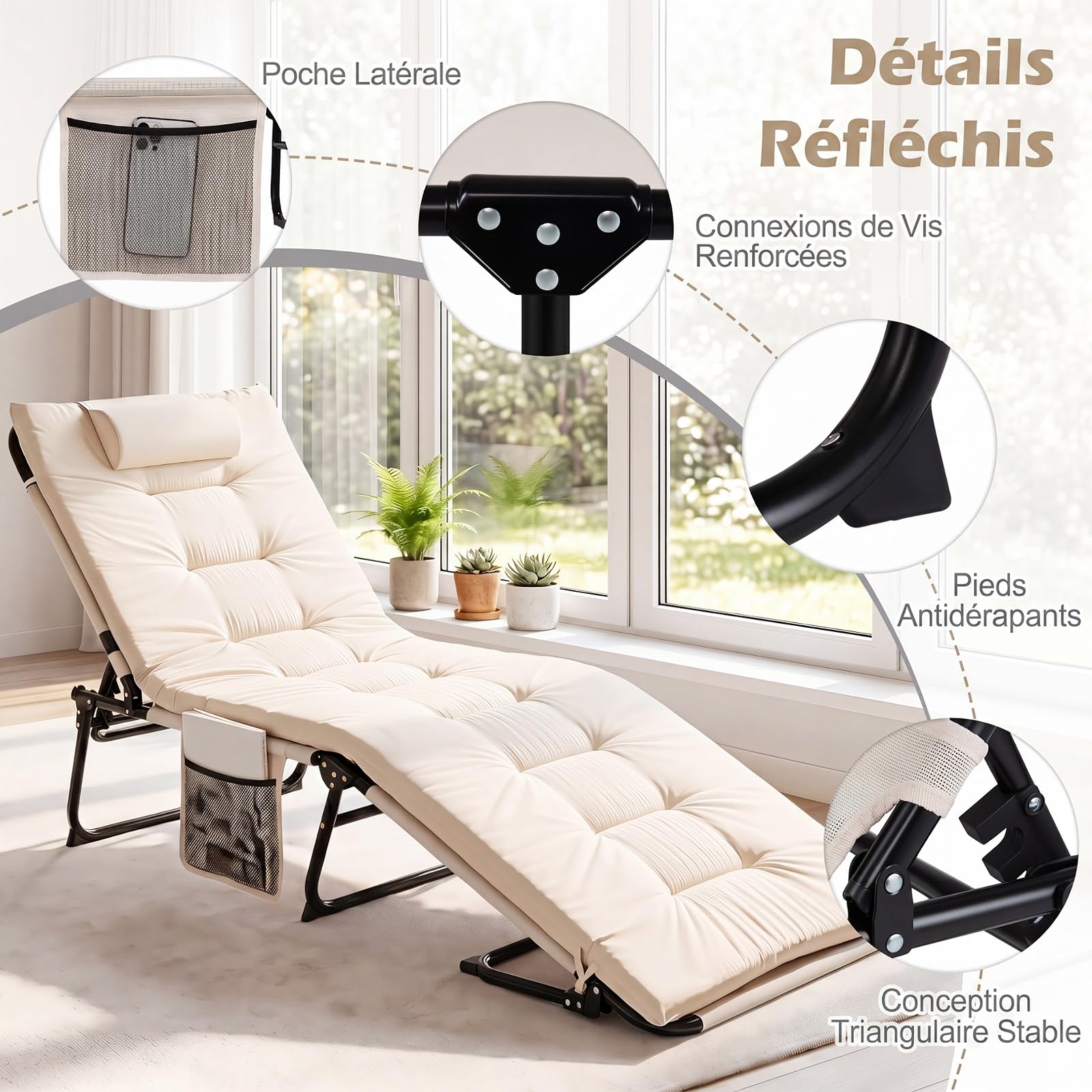 COSTWAY Bain de Soleil Pliable, Dossier à 4 Positions, Matelas Épais Amovible, Chaise Longue Jardin, Oreiller, Poche Latérale, Sangle, Transat pour Camping Piscine Bureau, Charge 120 kg (Beige)
