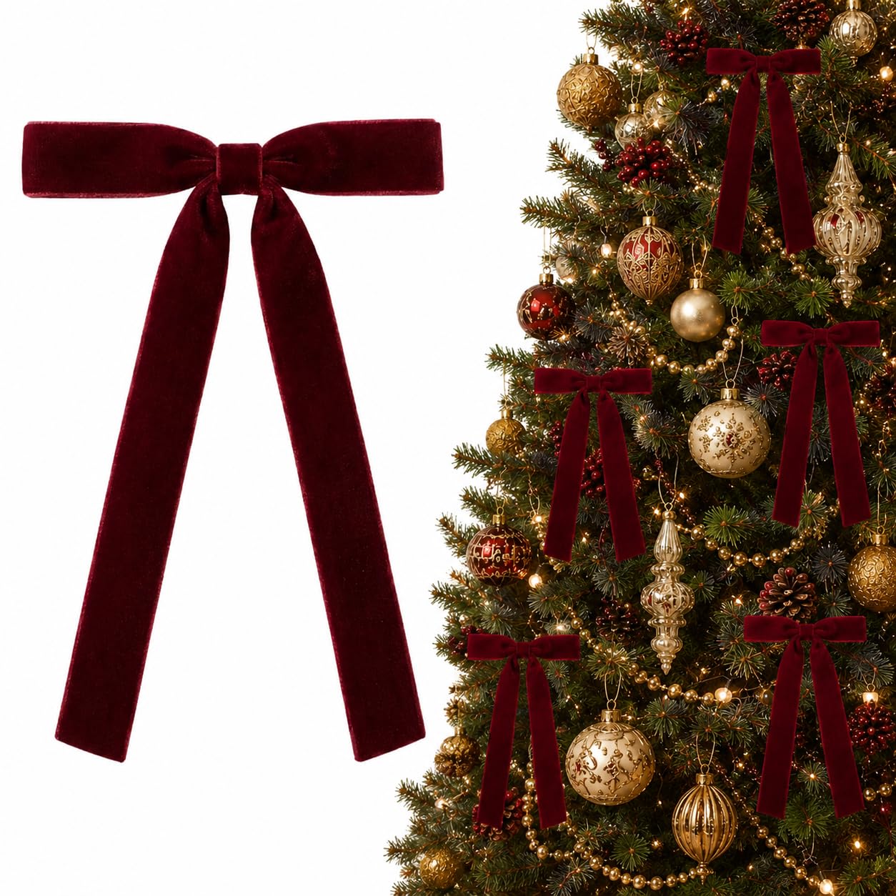 24 Burgundy/Dark Red Velvet Bows Christmas Ornaments for Tree Wreath Mantle