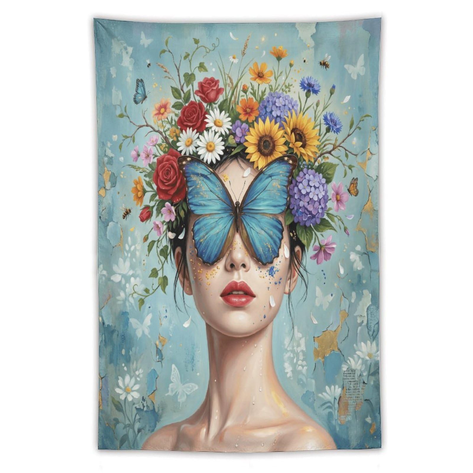 H3B8U2Y5 Blue Butterfly Woman Floral Wall Tapestry, Botanical Surrealism