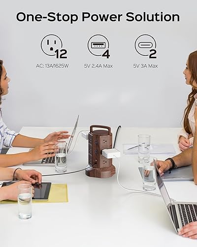 Miniatura 2 de JACKYLED Regleta protectora contra sobretensiones con cable de extensión de 6.5 pies, 6 puertos USB y 12 salidas de CA, estación de carga eléctrica