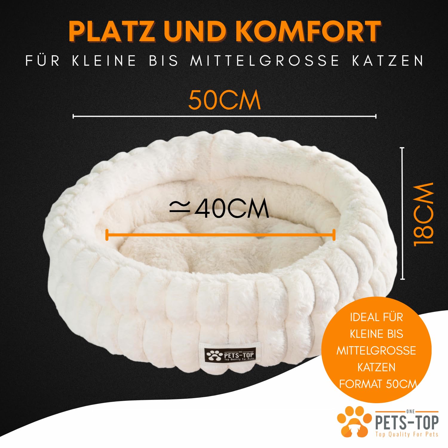 One PETS-TOP Katzenbett Flauschig – Katzenkissen Rund Weich – Cat Bed Waschbar – Schlafplatz für Katze & Kleine Hunde – rutschfest (Weiß, 50cm)