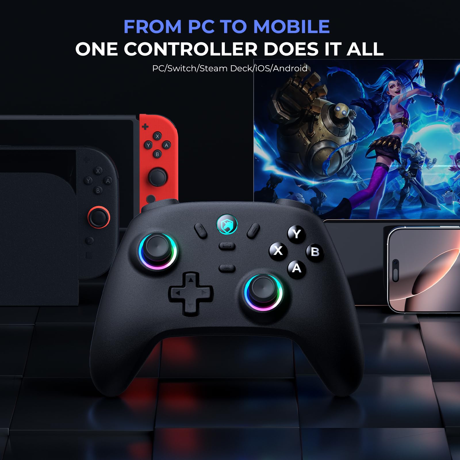 ECHTPower Mando Inalámbrico PC, Mando para Switch, 1000Hz Taza, 3 Modos(BT+2.4G+Cable), Hall Joystick, 800mAh Batería, Turbo y Vibración Ajustable, Mando GamingLuces para PC/Switch/iOS/Android