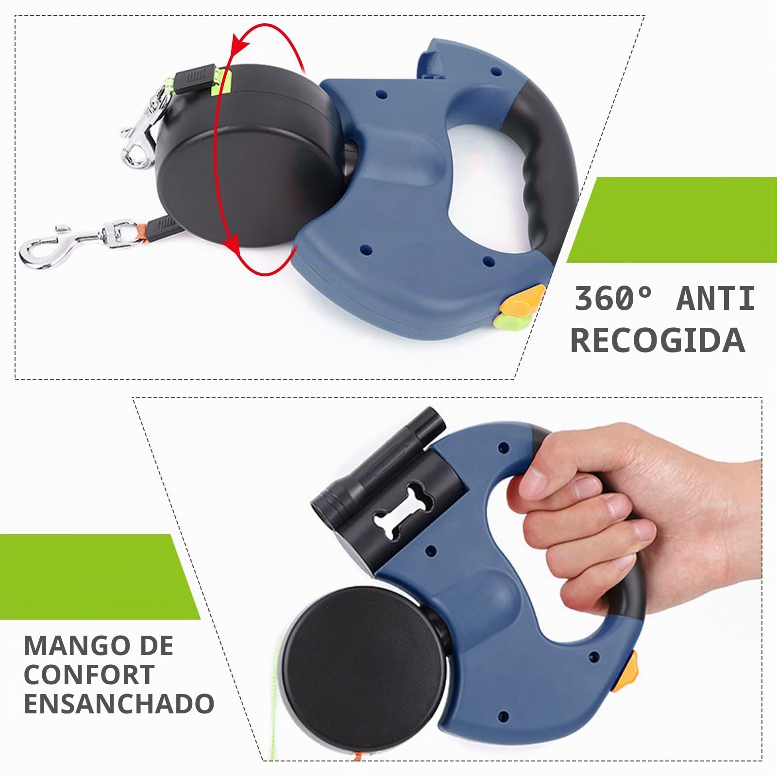 Correa Perro Extensible, Correas Flexi 3M Correa Doble Retráctil para Perro, Correa Extensible Perro Pequeño, con Linterna LED, Asa Ergonómica de Goma, para Perro Grande Mediano y Pequeño, hasta 30KG