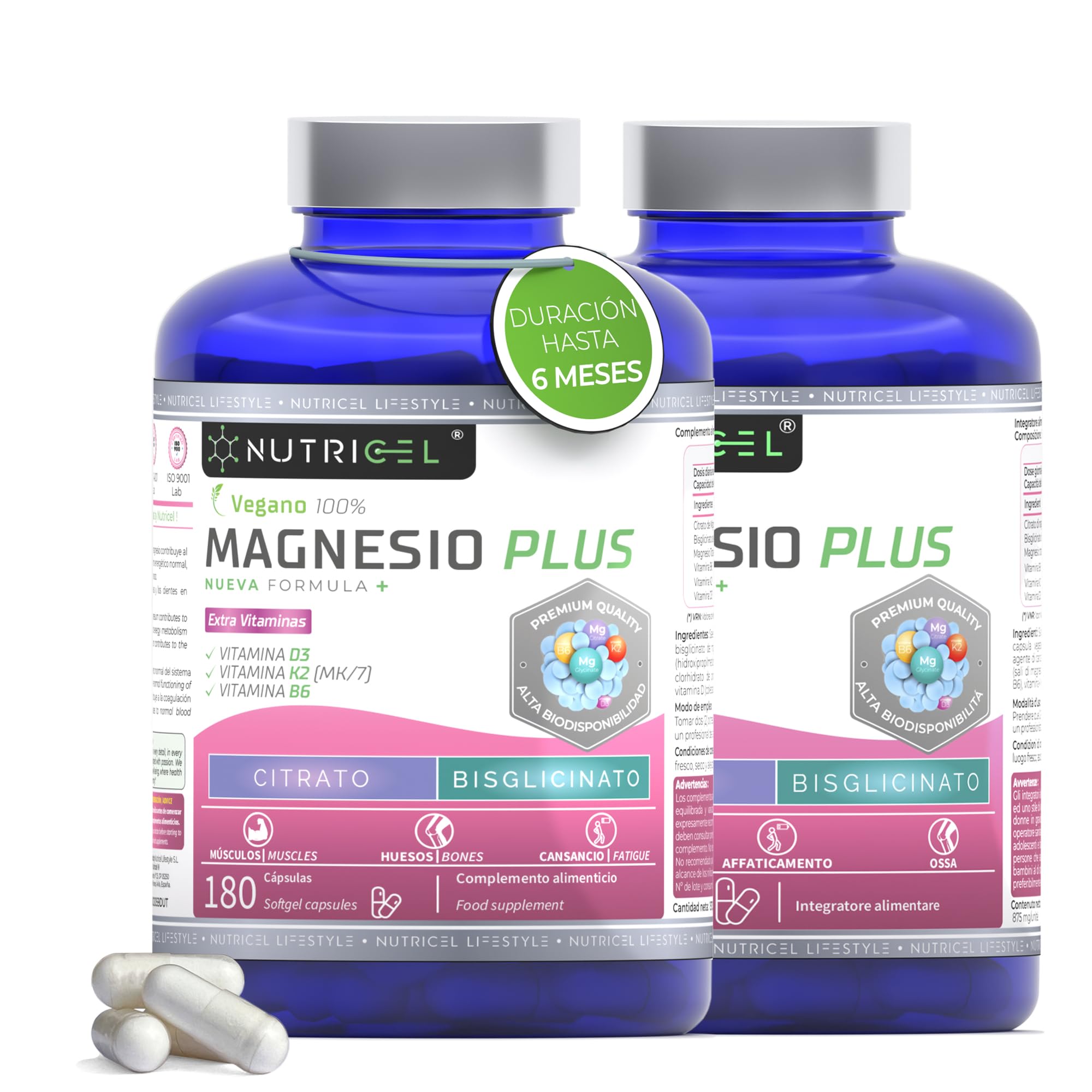 Magnésium Bisglycinate + Citrate - 2177mg - Vitamine B6, D3 et K2 | Fatigue | Magnesium Bisglycinate et Magnesium citrate | jusqu’à 4 mois | 180 Gélules Végétalien (Lot de 2)
