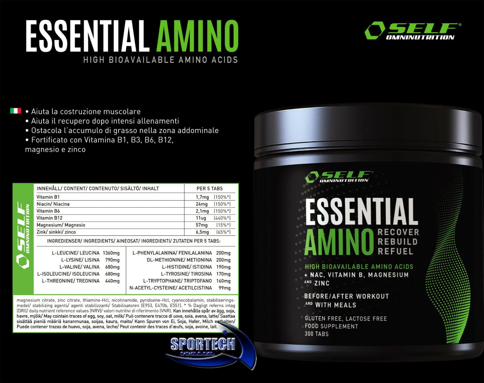 Self ESSENTIAL AMINO aminoacidi essenziali 300 tabs EAA con gruppo vitamina B, senza glutine e lattosio