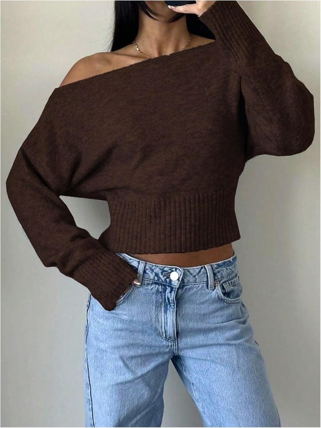 MakeMeChic Women's Cropped Sweaters Long Sleeve Off The Shoulder Sweater Y2k Going Out Tops - Image 2
