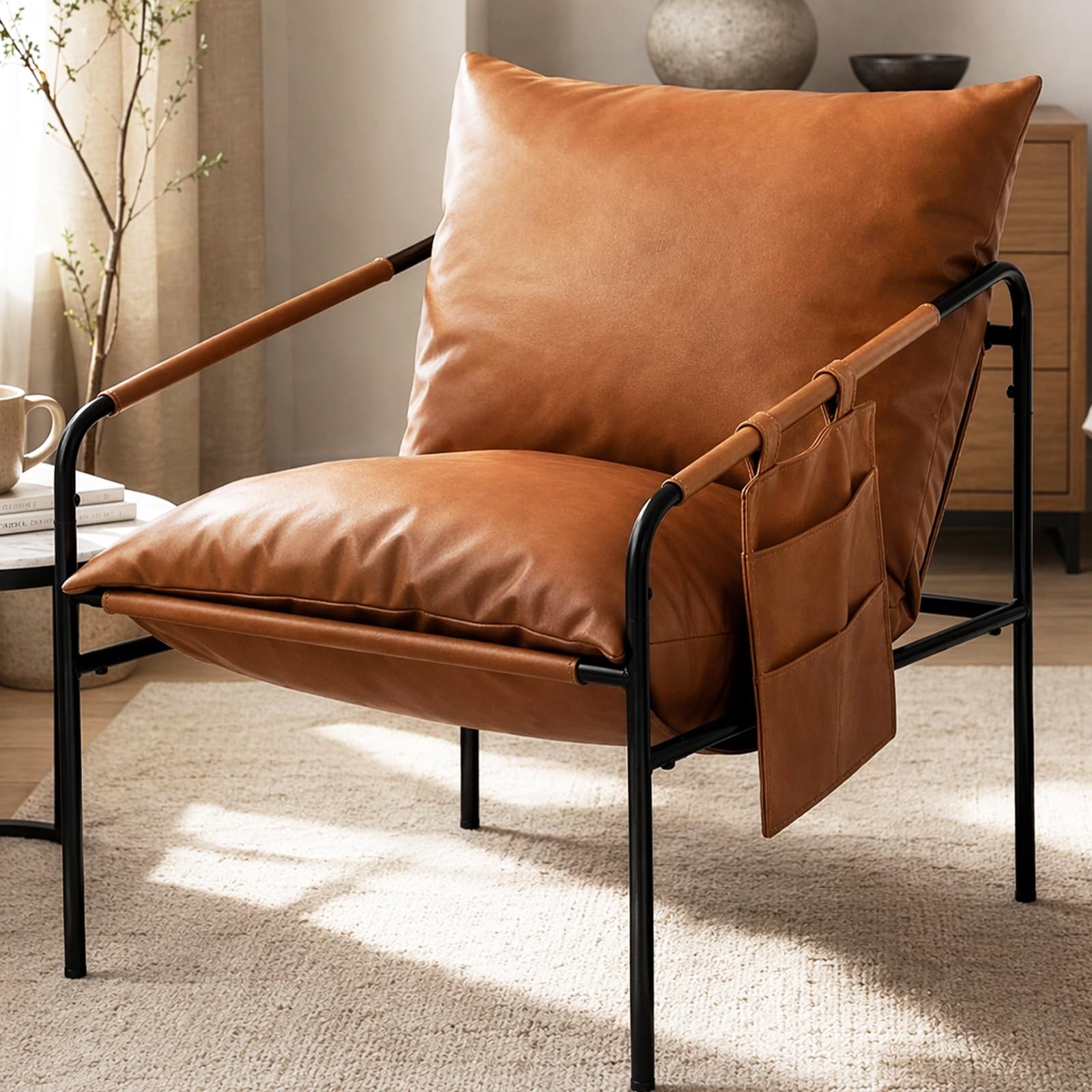 TOLVIN Modern Accent Chair, Comfy Armchair, Waterproof Living Room Chair with Storage Pocket,Upholstered Lounge Chairs with Metal Frame for Reading Nook, Bedroom, Dorm, Office, Brown