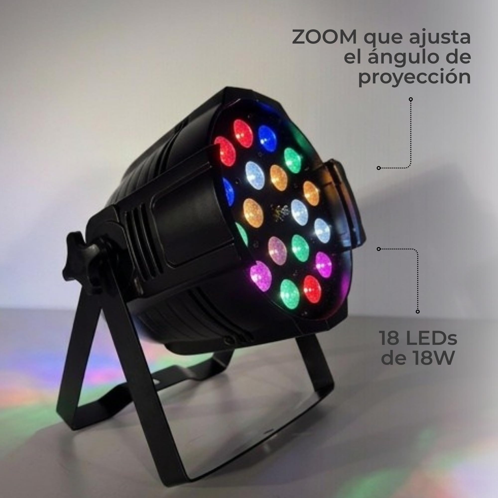 X SOUND & LIGHTNING Foco Led PAR de 18 Luces Led 18w con Zoom Ajustable y Tecnología RGBW. Foco Luz Led Ángulo Ajustable de Luces de Colores para DJs, Luces Discoteca. (Zoom 18x18W)