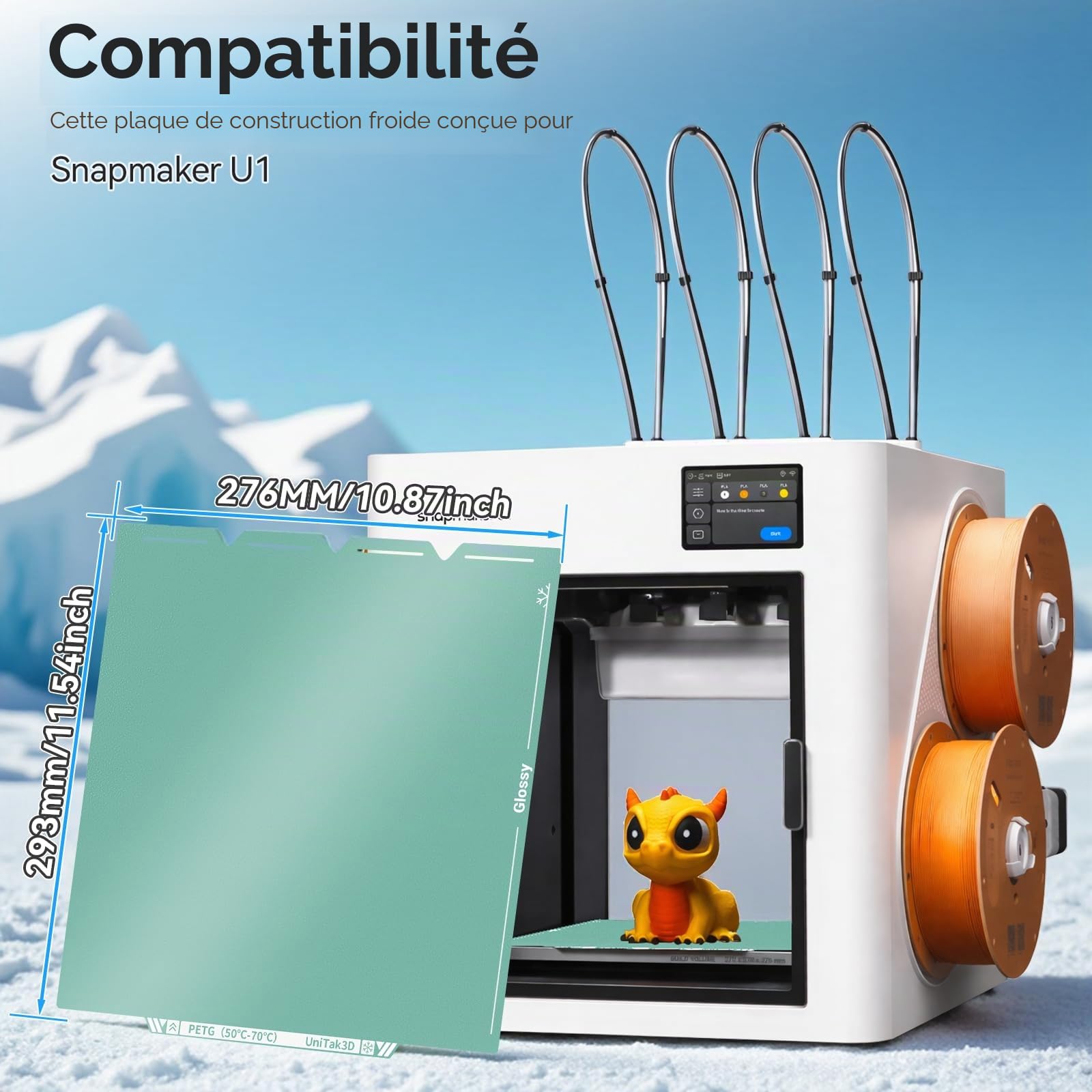 Plateau Froid 276x293mm Cold Plate Double Face Brillante & Mate, Surface Impression Basse Température Forte Adhérence, Compatible with Snapmaker U1 Imprimante 3D (Sans Colle)