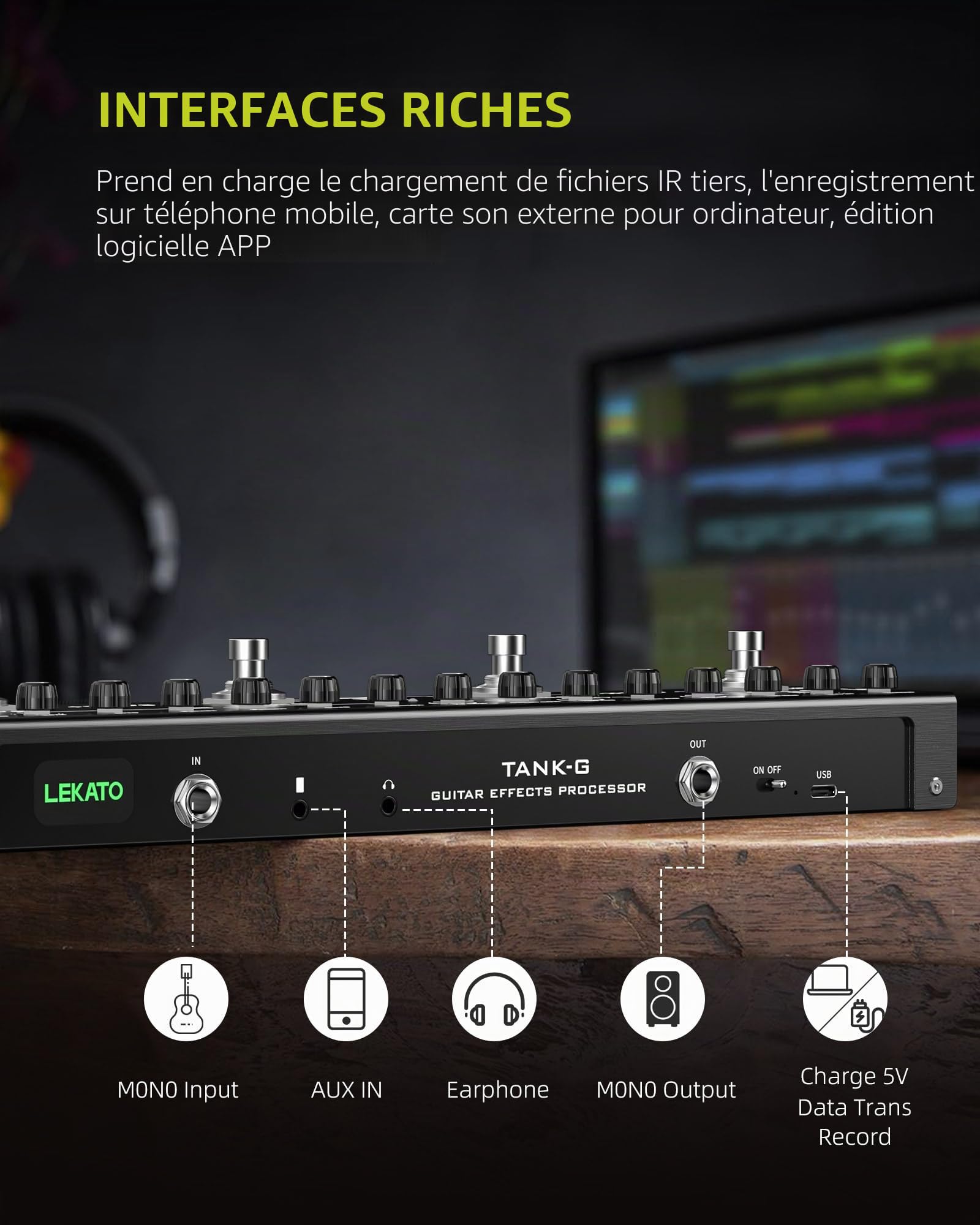 LEKATO Pédale de guitare multi-effets, 36 préréglages modifiables, chœur, retard, reverbe, MOD, recharge IR, enregistrement, tuner, batterie intégrée, connexion BT (guitare électrique)