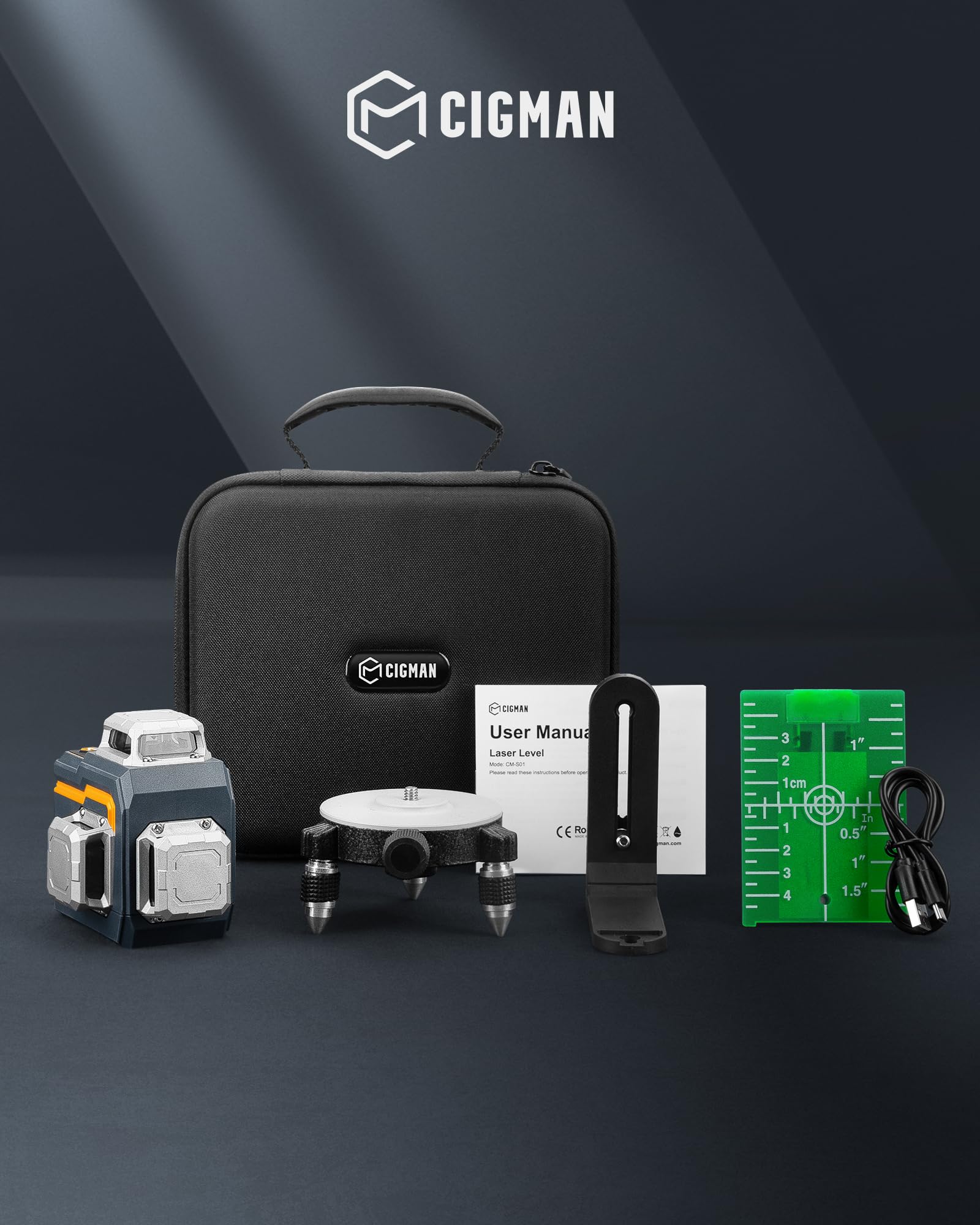 CIGMAN Niveau laser vert, télécommande sans fil Bluetooth par application, niveau laser auto-nivelant avec outil de niveau laser à lignes transversales 3 x 360°, ligne horizontale/verticale, avec supp