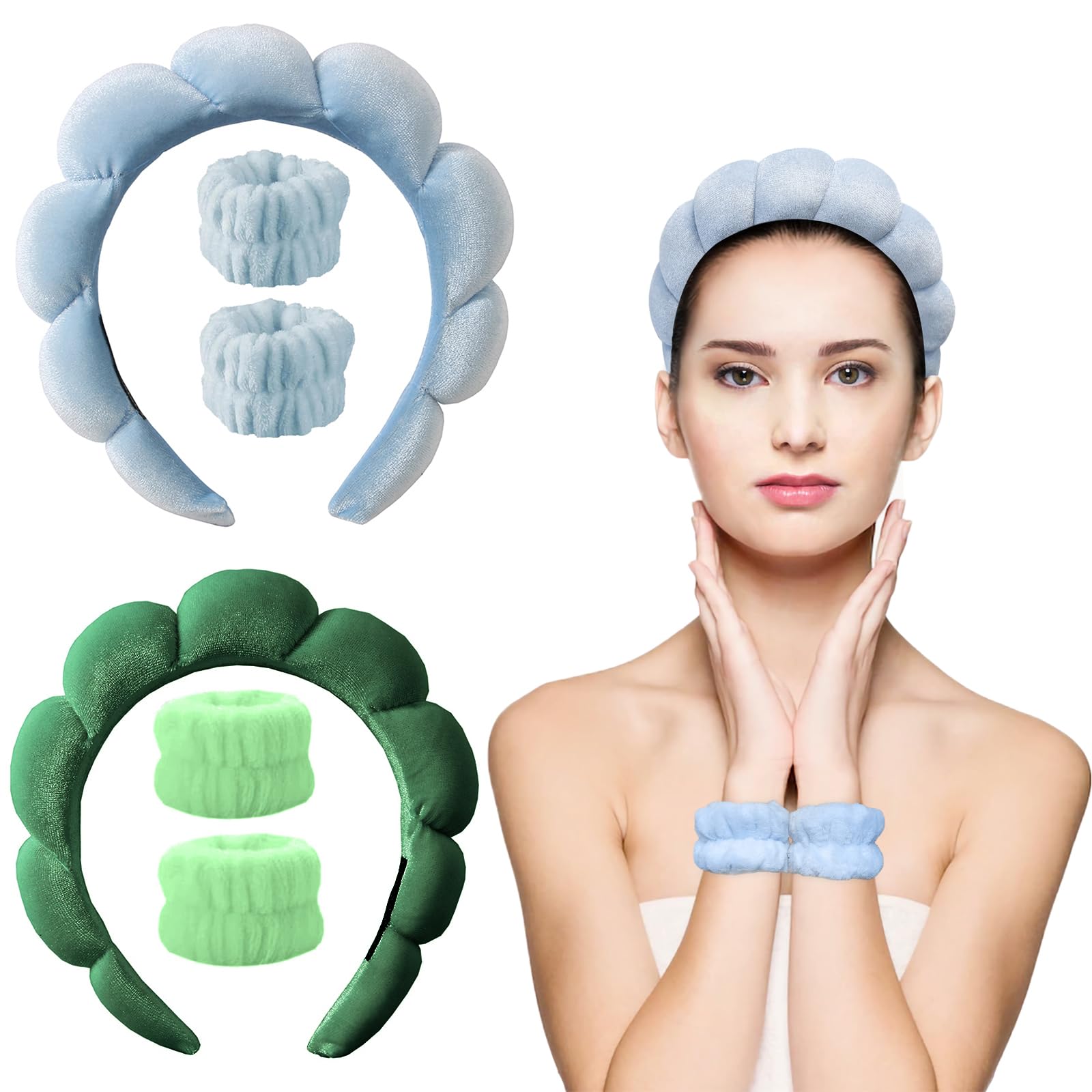 Diademas de terciopelo para spa: diademas para el cuidado de la piel con muñequeras | Antideslizante, súper absorbente y elástica para lavado de cara | Exquisita costura, diademas de maquillaje de