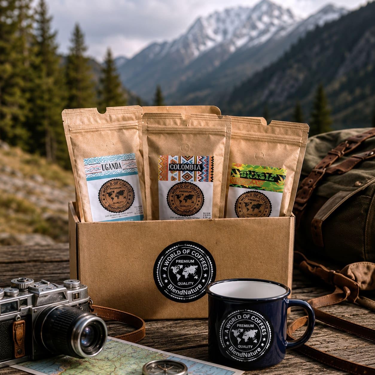 Café pack 4 x 250g en Grano - Seleccion mejores Cafes del mundo Arabicas +Brasil Colombia Etiopia y Tanzania + Caja regalo + Taza vintage - Maxima calidad avalada por la SCA